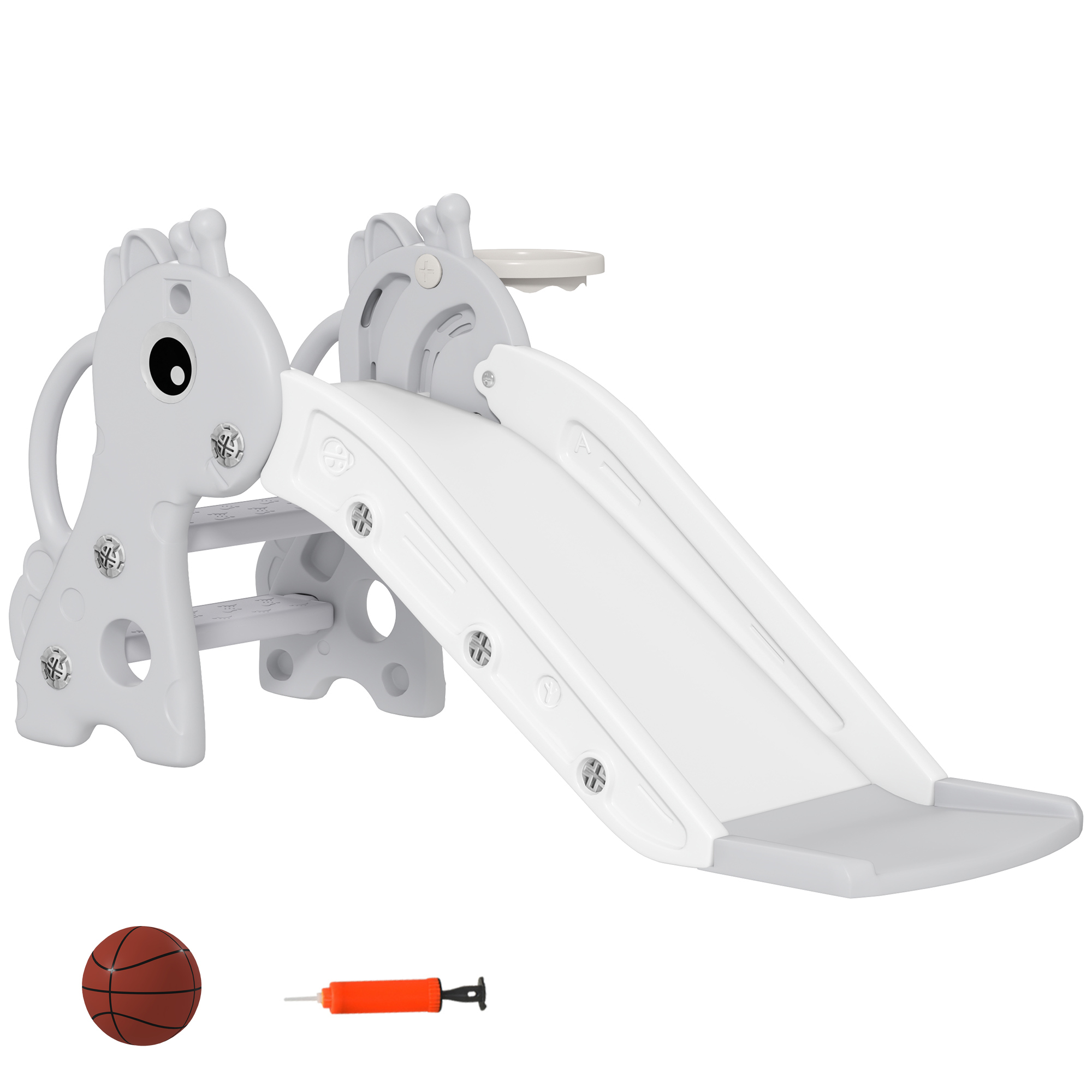 3-ühes laste liumägi, kaelkirjakukujuline, korvpallikorv, pall, hall