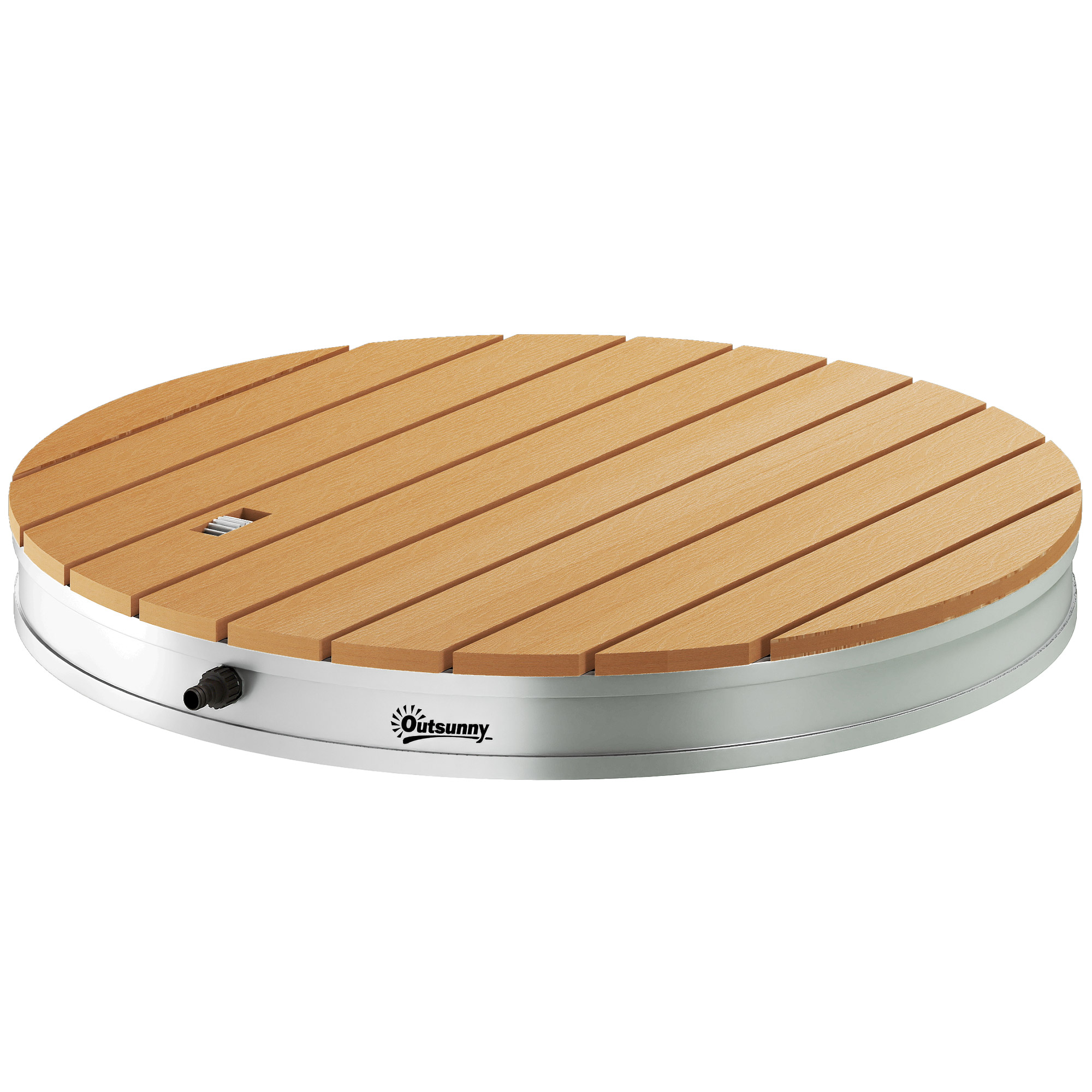 Kaasaskantav välistingimustes dušikomplekt reguleeritava purskkaevuga, alumiiniumist alus, UV- ja külmakindel, naturaalse puidu välimusega