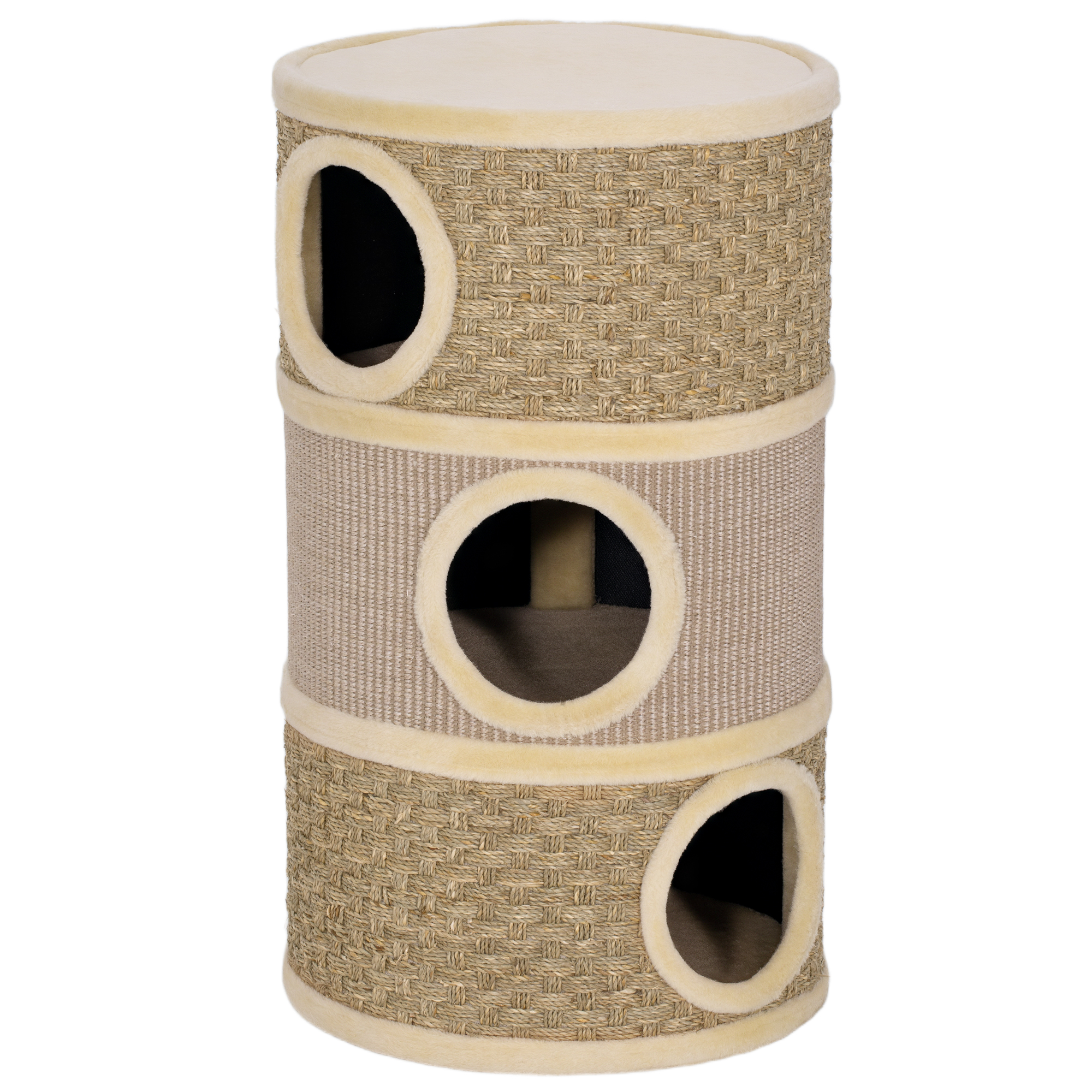 Kraapimispuu, 79 cm kõrge, Ø45 cm, kolmetasandiline kassipuu sisalköiega, kassi koobas, suurtele kassidele, khaki+pruun