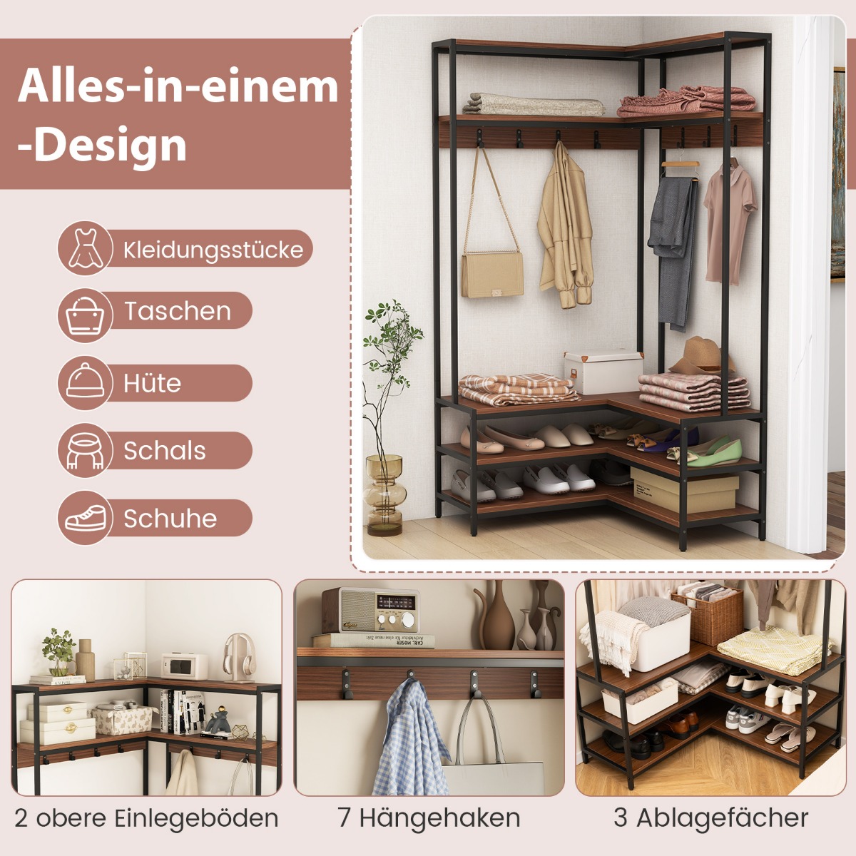 Nurgas asuv riidenagi koos pingiga l-kujuline riidestange avatud riiulitega 90 x 90 x 178 cm pähkel