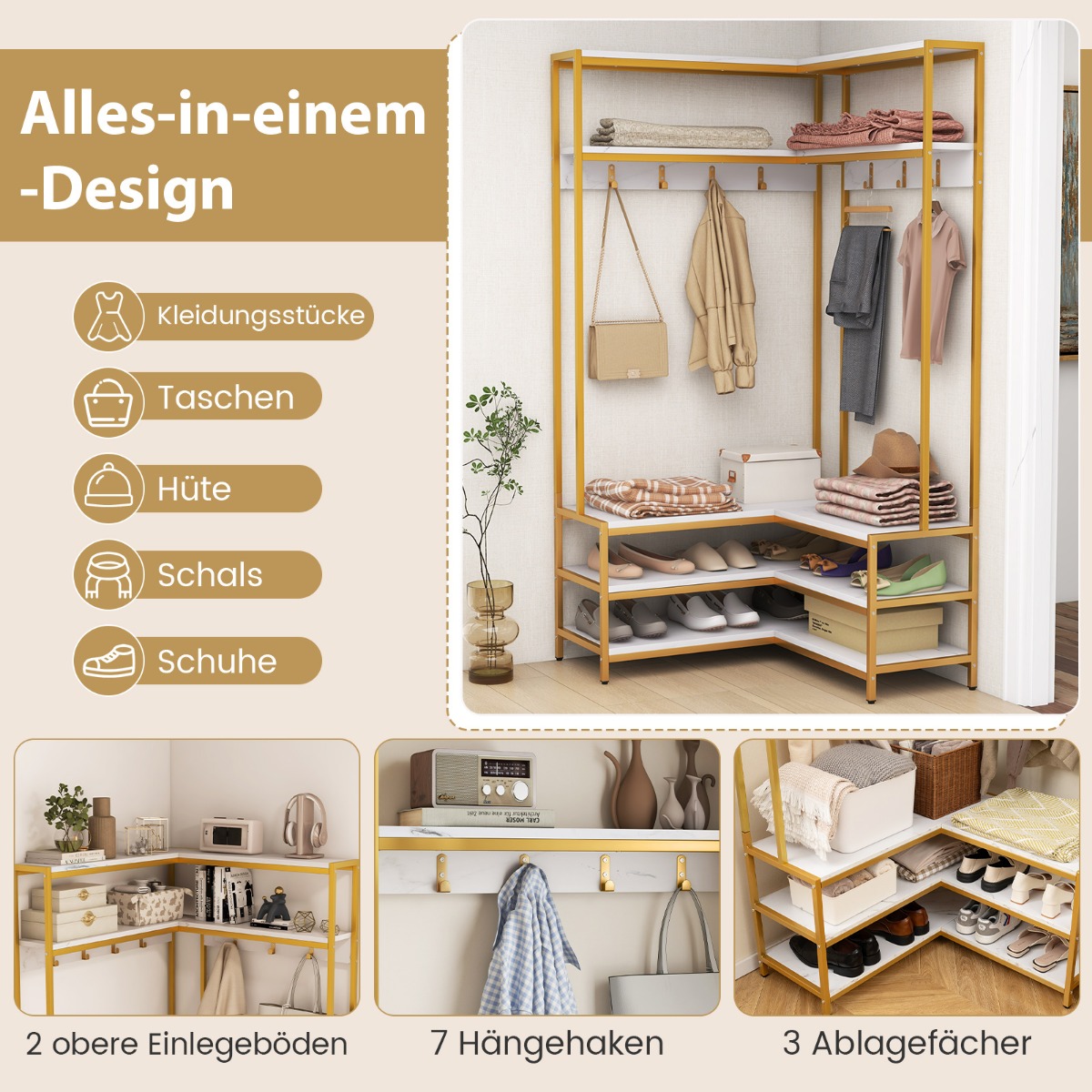 Nurgas asuv riidenagi koos pingiga l-kujuline riidestange avatud riiulitega 90 x 90 x 178 cm valge