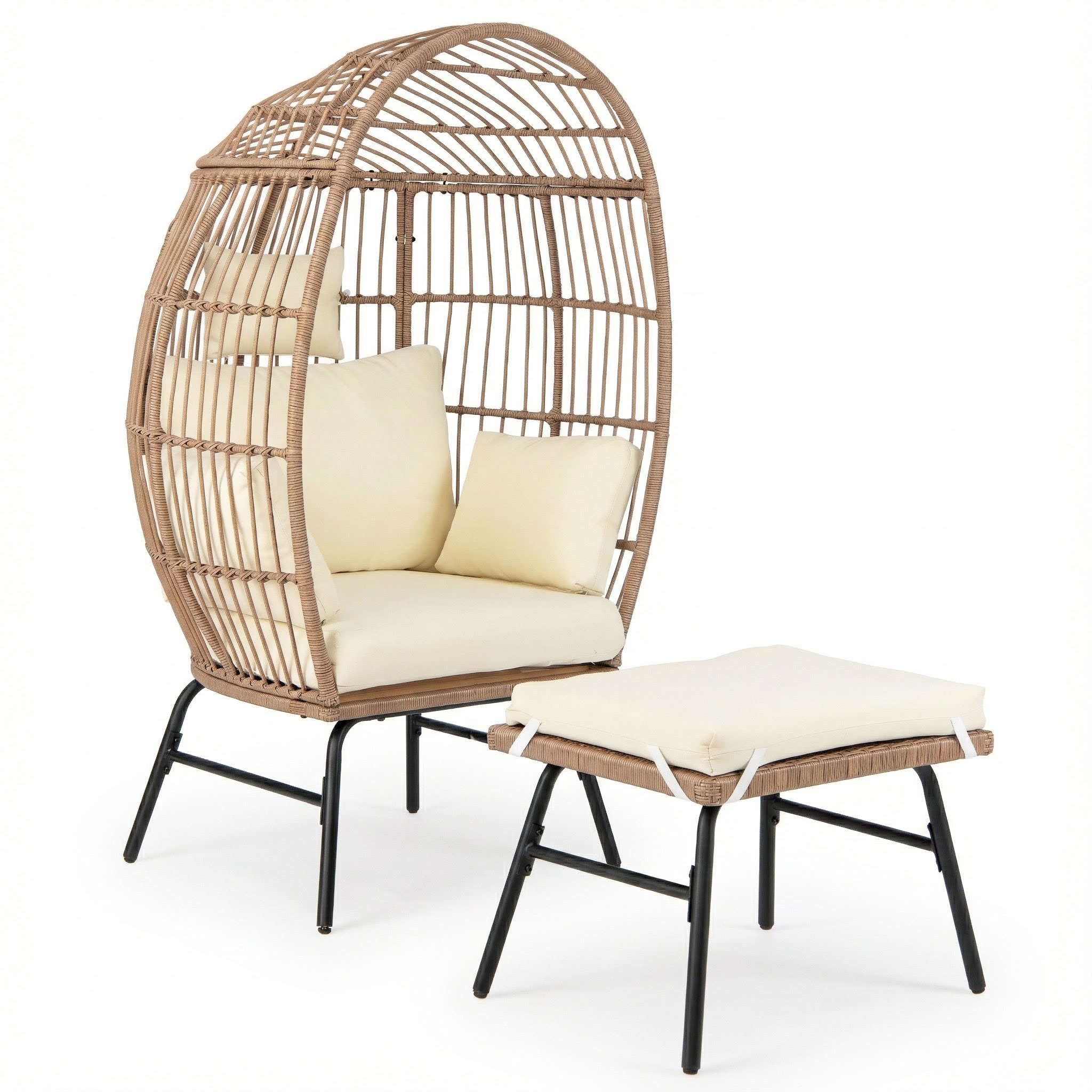 Munatool rotangist jalapingiga, aialatool, lamamistool mugavate patjade ja polstriga, rotangist tugitool beež