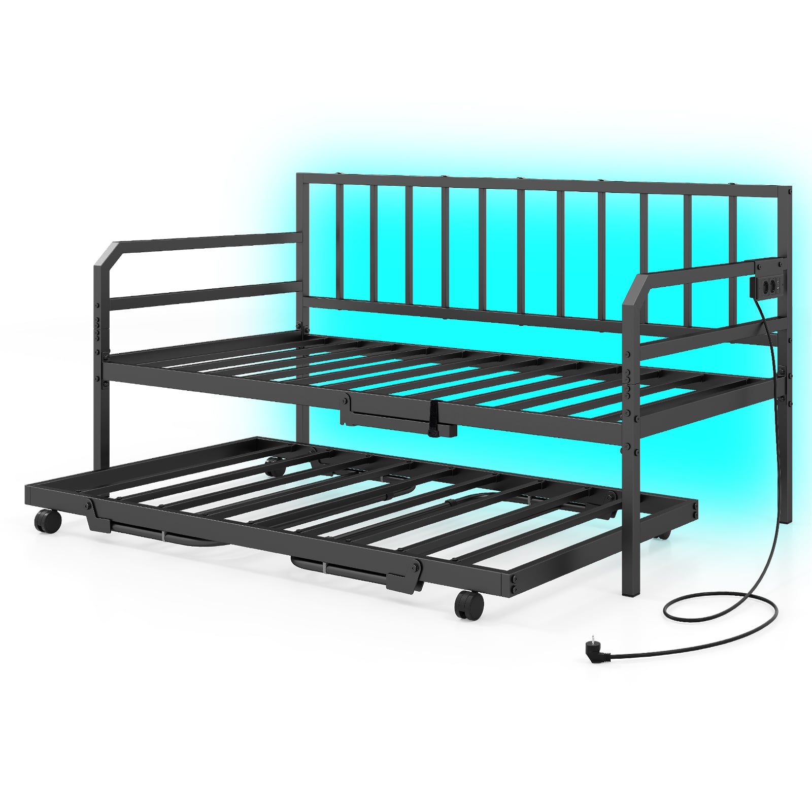 Must metallist päevavoodi LED-valgustusega