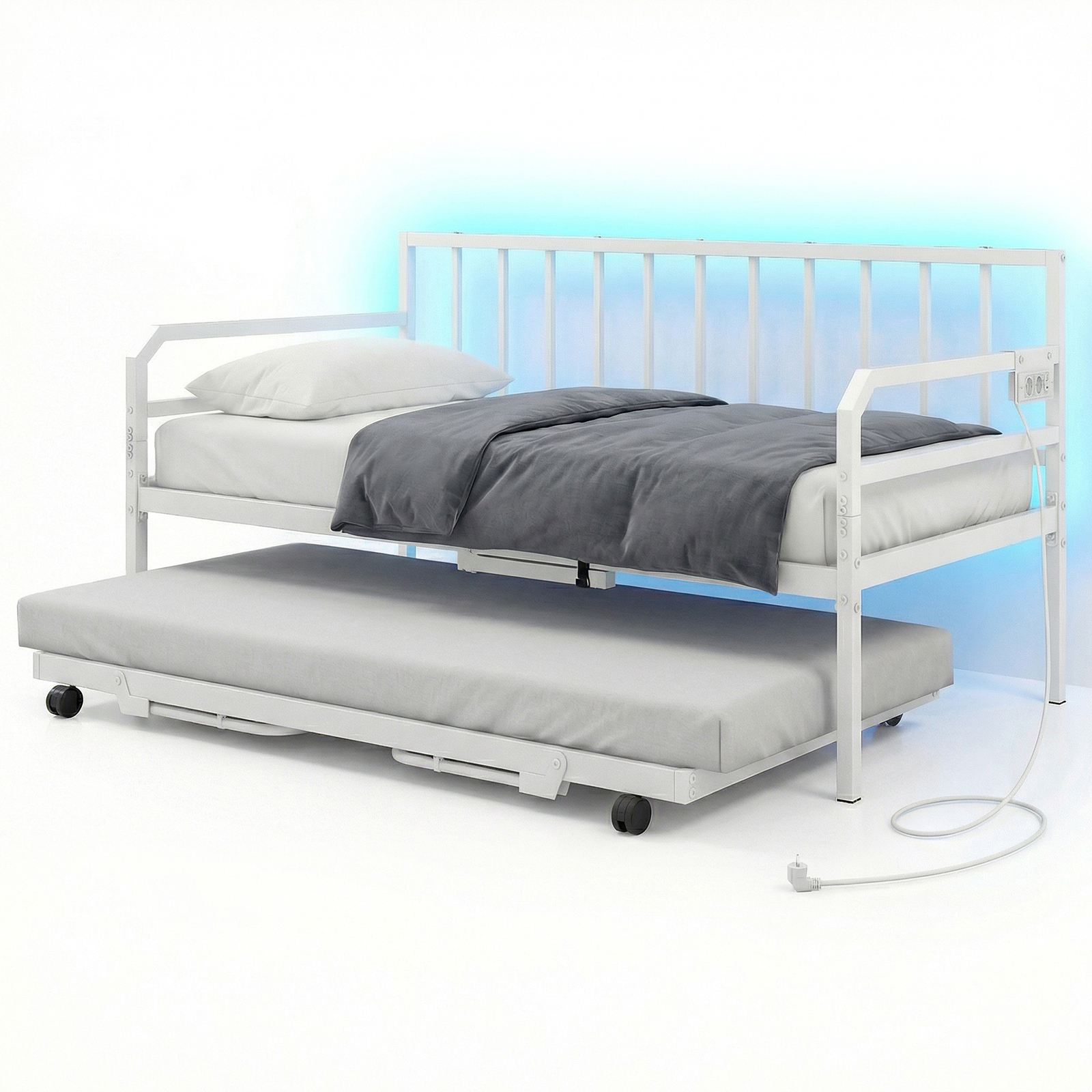 Valge metallist päevavoodi LED-valgustusega