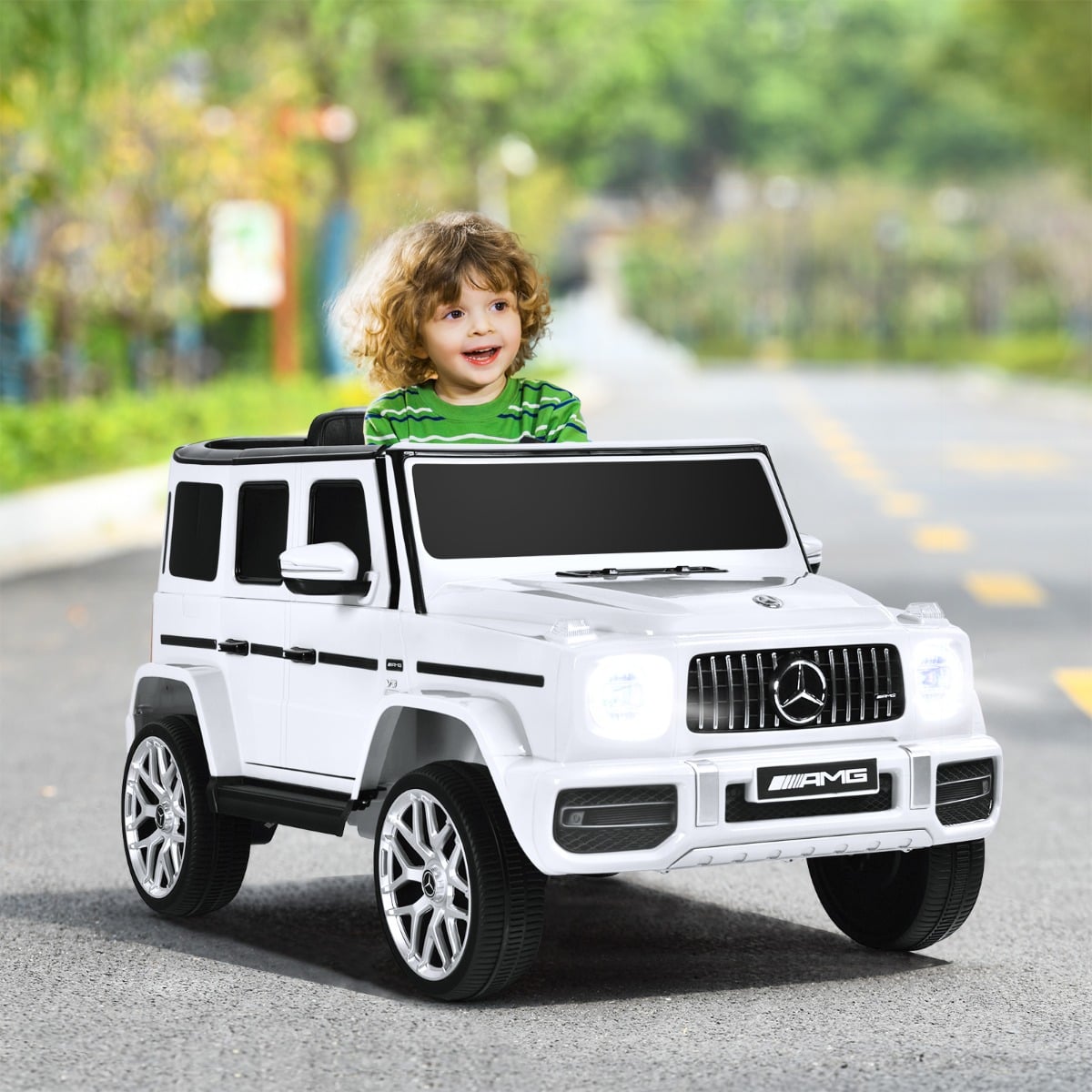 Ametliku litsentsiga Mercedes-Benz elektriline lasteauto koos muusika ja esituledega, valge