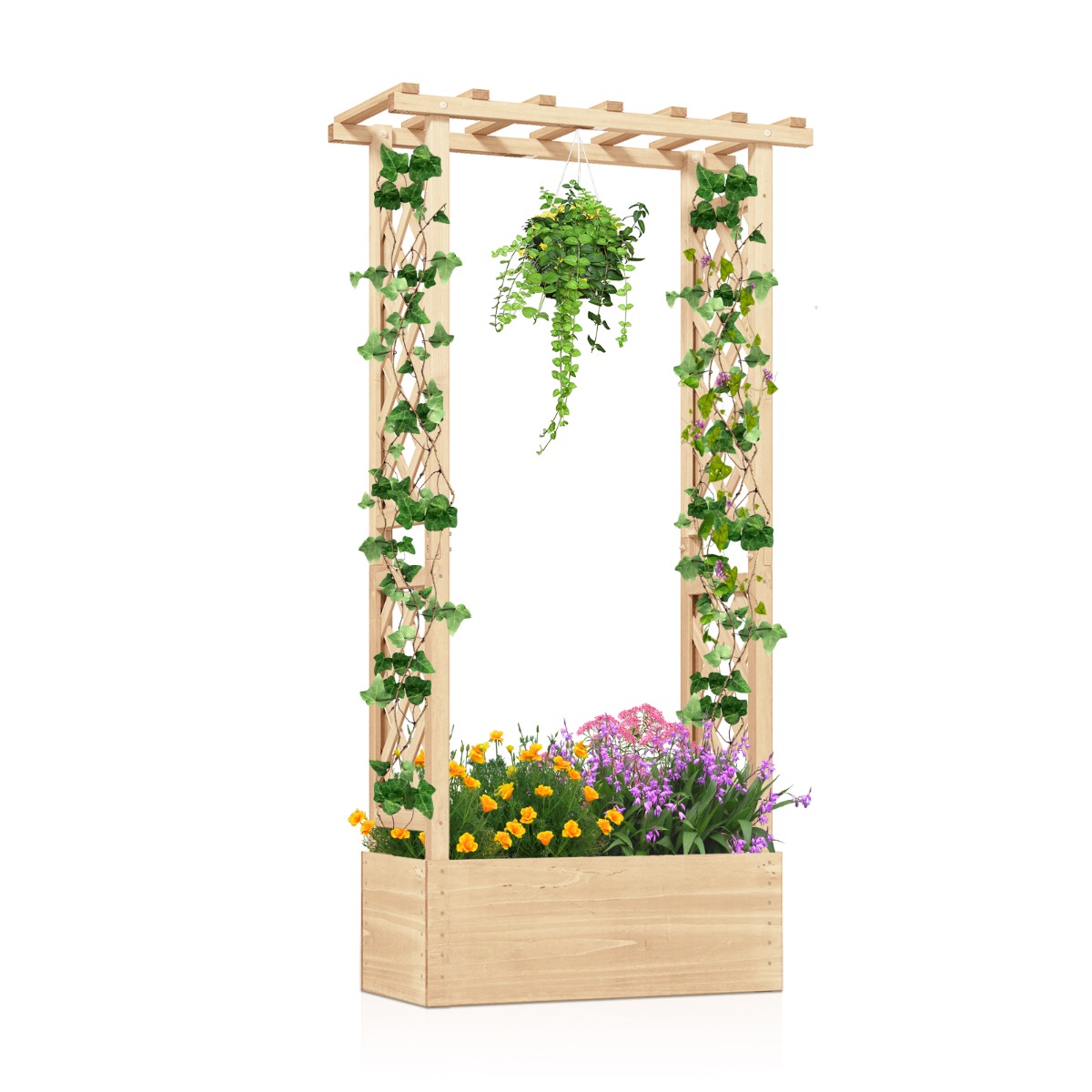 Kõrgpeenar võrega, eraldiseisev puidust lillekast katuse ja drenaažiavadega, naturaalne viimistlus