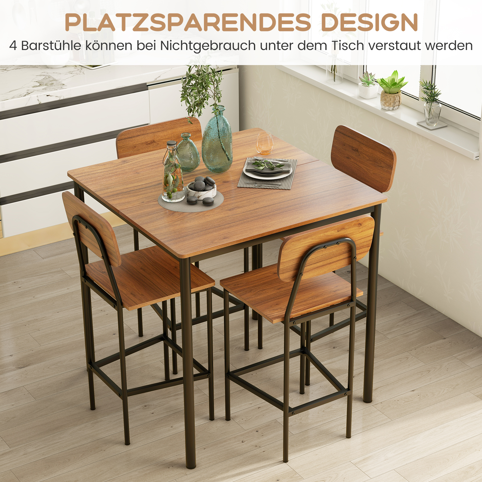 Söögilaud 4 baaritooliga köögilaud leti kõrgusel metallraamiga söögigrupp 4 inimesele tumepruun