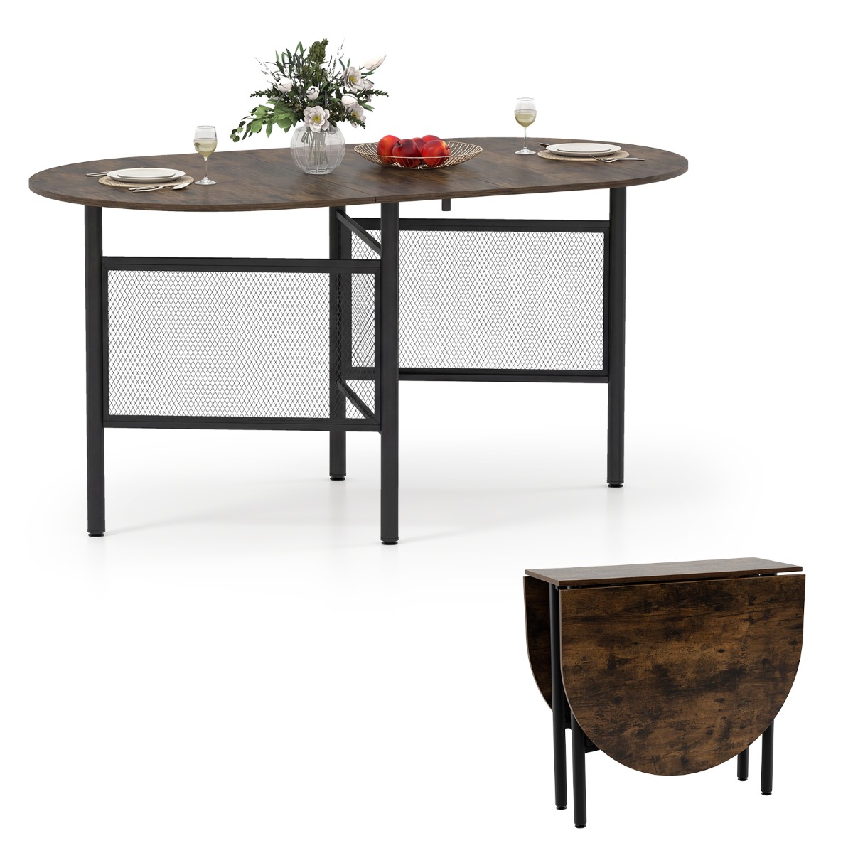 Kokkupandav söögilaud 6-8 inimesele, ruumisäästlik kokkupandav laud, ovaalne köögilaud, pruun