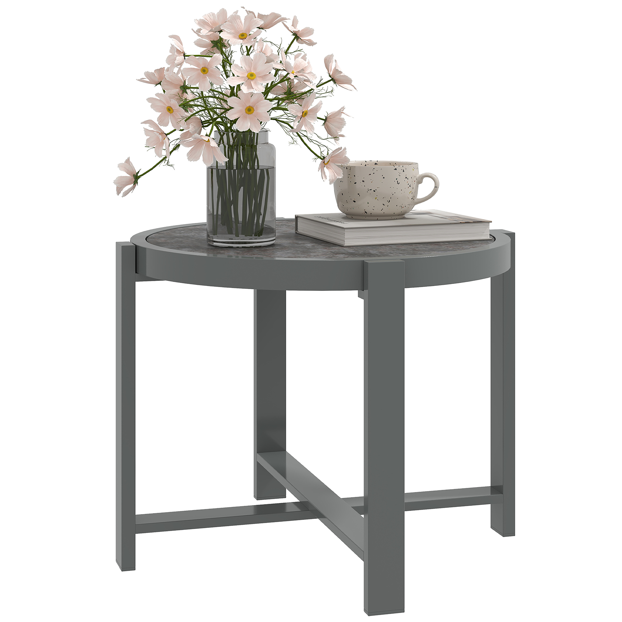 Abilaud, aialaud, ümmargune, ilmastikukindel, alumiinium, rõdulaud marmori imitatsiooniga, hall