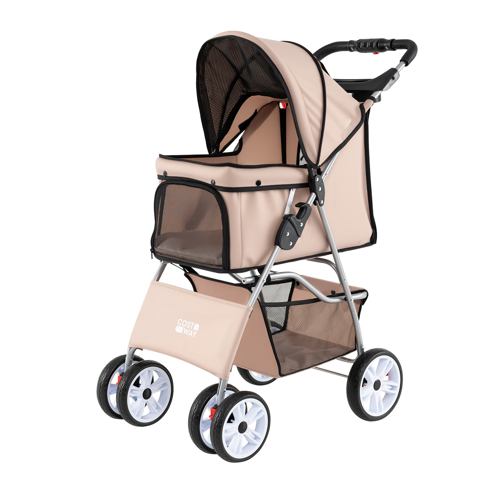 Kokkupandav lemmikloomakäru hingava võrgu, veekindla kattega ja maastikurehvidega, beež