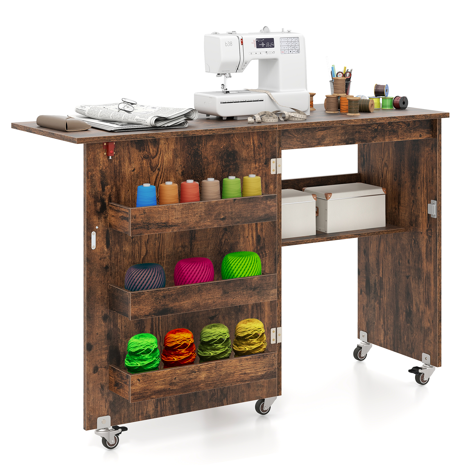Kokkupandav õmbluslaud rulluv käsitööjaam hoiukohaga 3 peidetud mahutit mobiilne õmbluslaud 1185 x 40 x 795 cm pruun