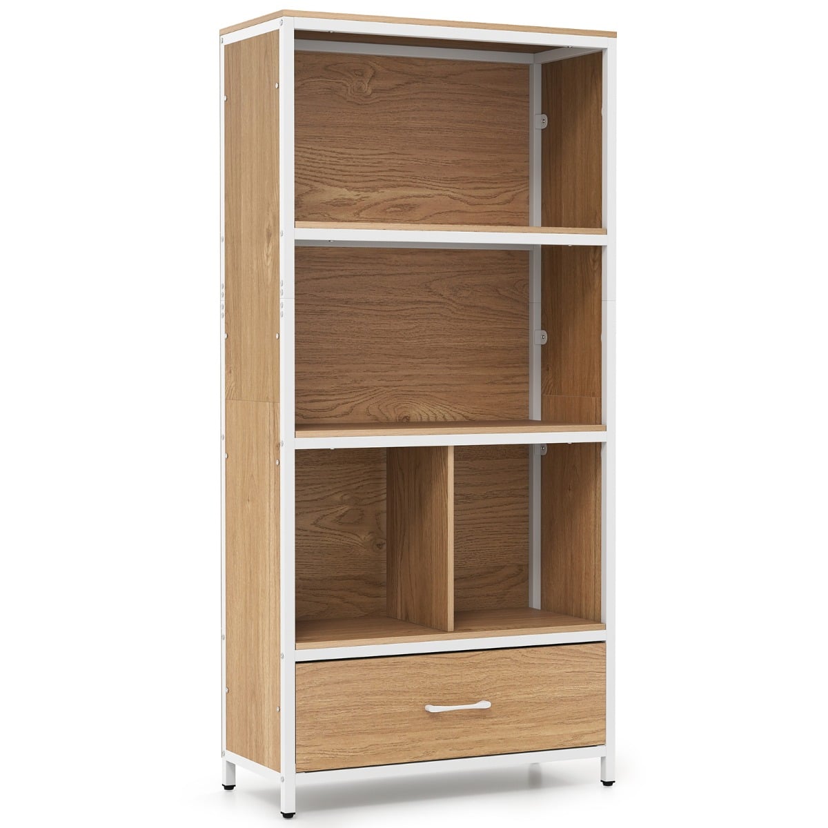 4-astmeline raamaturiiul avatud sektsioonide ja kangaga sahtliga, eraldiseisev raamaturiiul, naturaalne puit