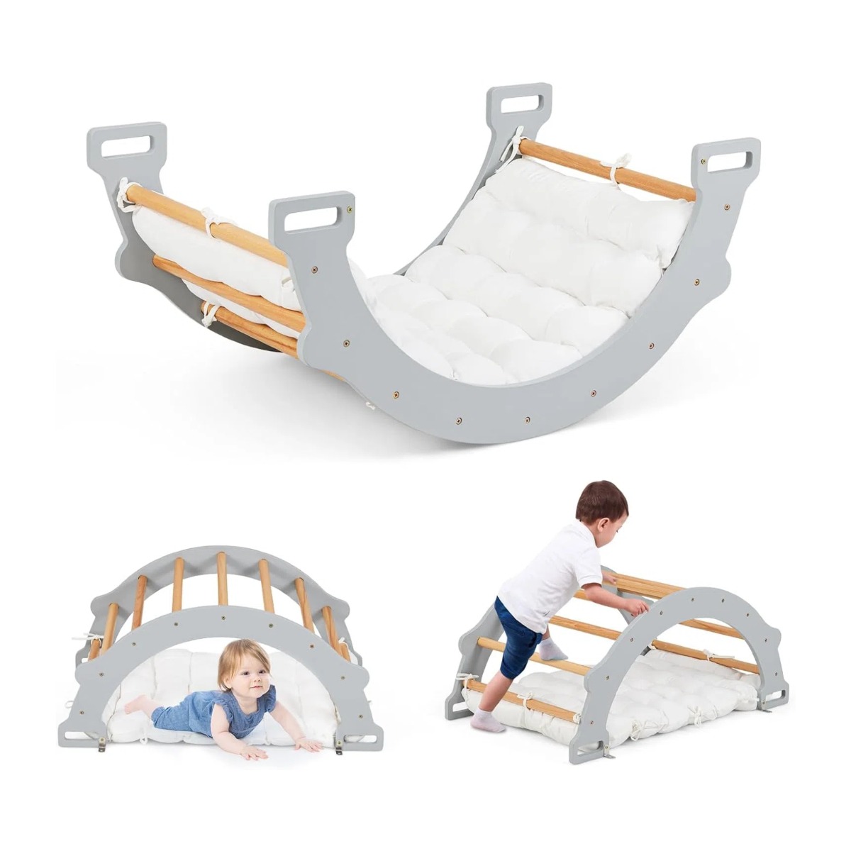 Puidust ronimiskaar pehme padjaga kiikumiseks ronimiseks ja roomamiseks ronimisraam hall