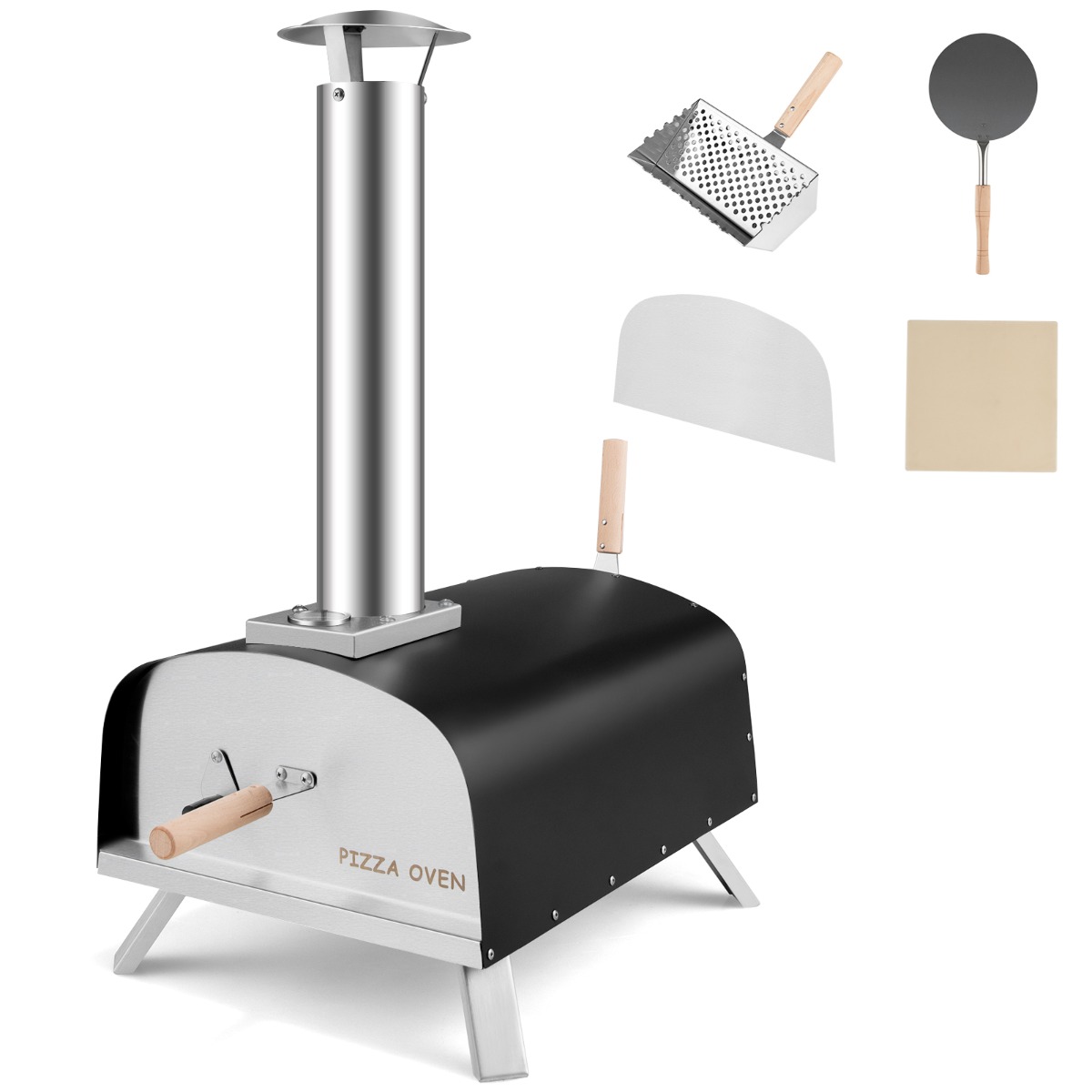 Kaasaskantav puuküttega pitsaahi õue ja koduaeda – roostevaba teras/must