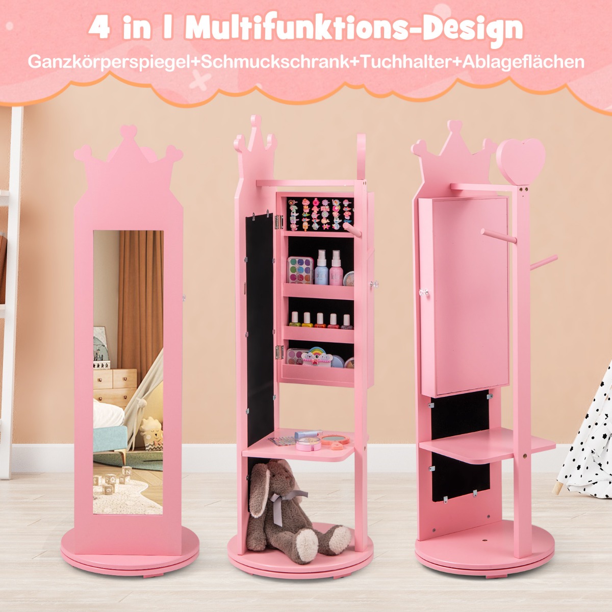 4-ühes laste ehete kapp peeglikapp 360 pööratav täispikkuses peegel roosa