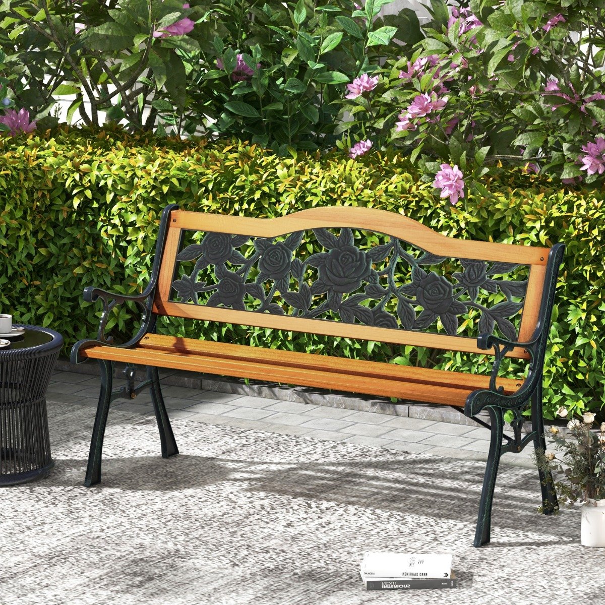 Ilmastikukindel käetugedega puidust aiapink ja mugav kaheistmeline rõdupink (126 x 52 x 76 cm) naturaalne