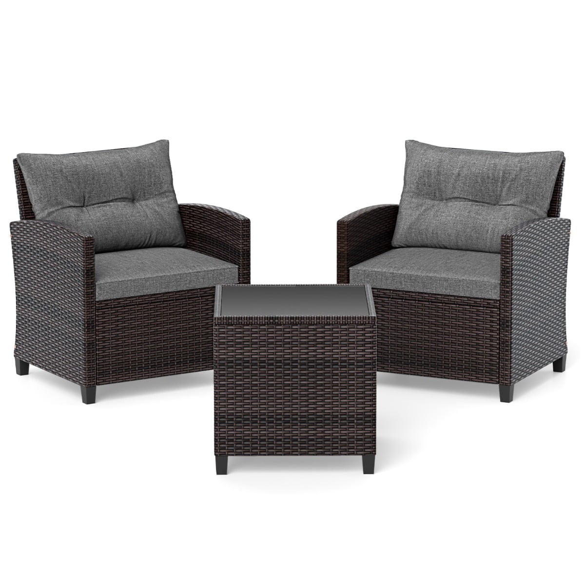 3-osaline rotangist aiamööblikomplekt, sh 2 tugitooli ja 1 abilaud, polürotangist istumisrühm, hall