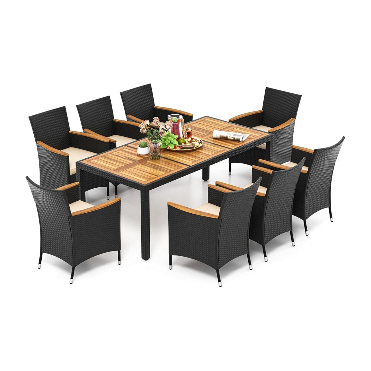 9-osaline rotangist aiamööblikomplekt, istumisrühm 8 inimesele, akaatsiapuust aialaud, pruun