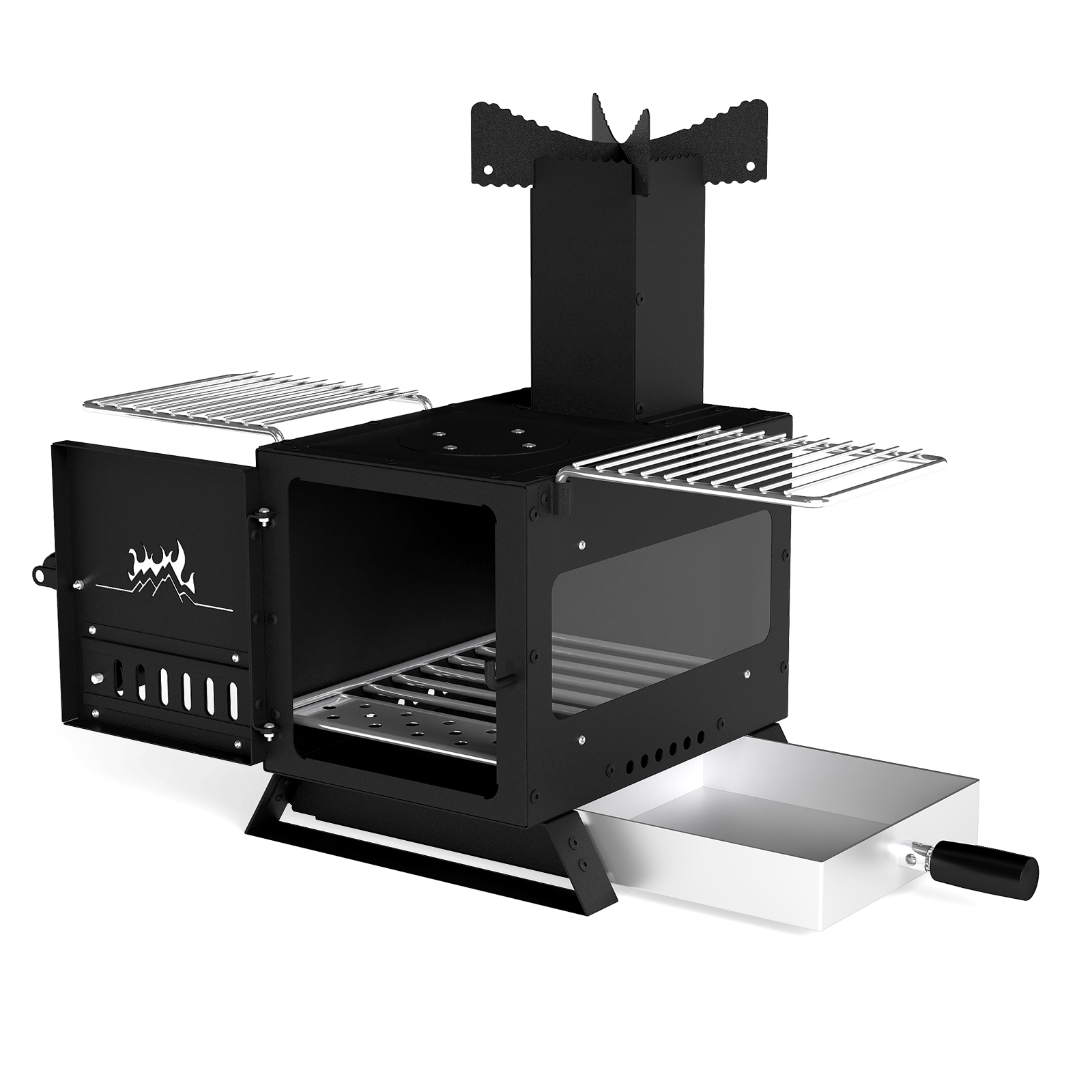 Ahi aias küpsetamiseks matkaahi koos potialuse ahjupanni ja 2 grilliga puuahi vaateaknaga