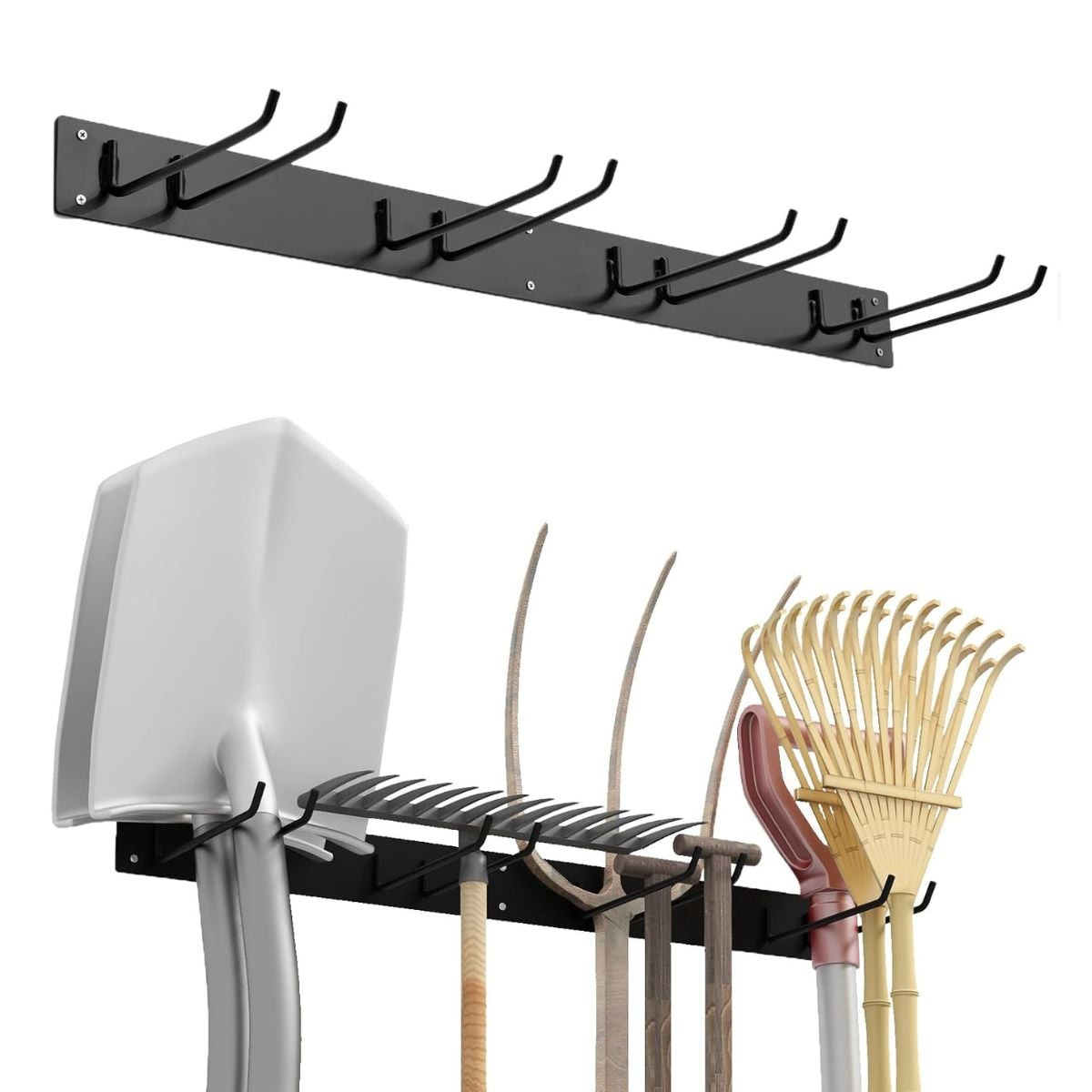 Seinale kinnitatav tööriistahoidik 4 topeltkonksuga, aiatööriistade hoidik, kandevõime kuni 150 kg