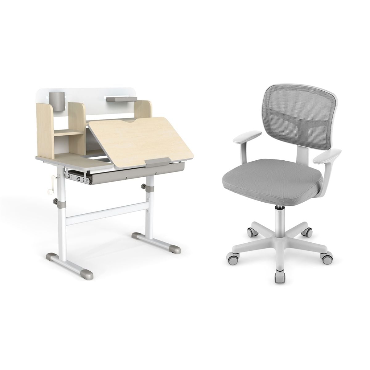 Kõrgus-reguleeritav laste koolilaud ja ergonoomiline koolitool, õppelaud ja noortetool, hall