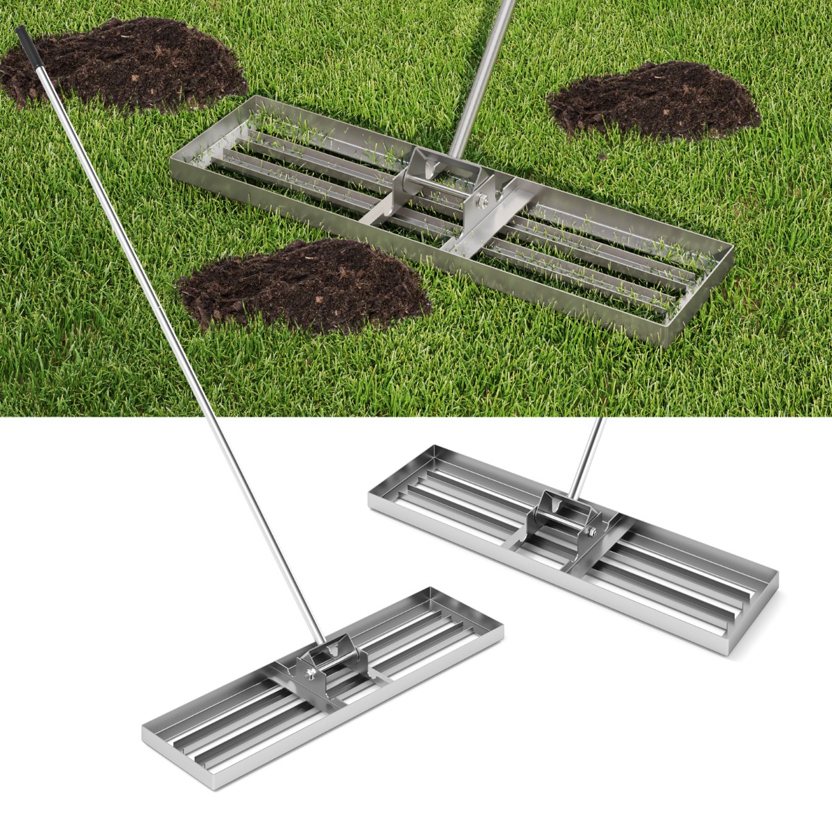 Muruniiduki tasandusreha ergonoomilise käepidemega metallist murureha tasandamine pinnatasandaja murutööriist hõbedane