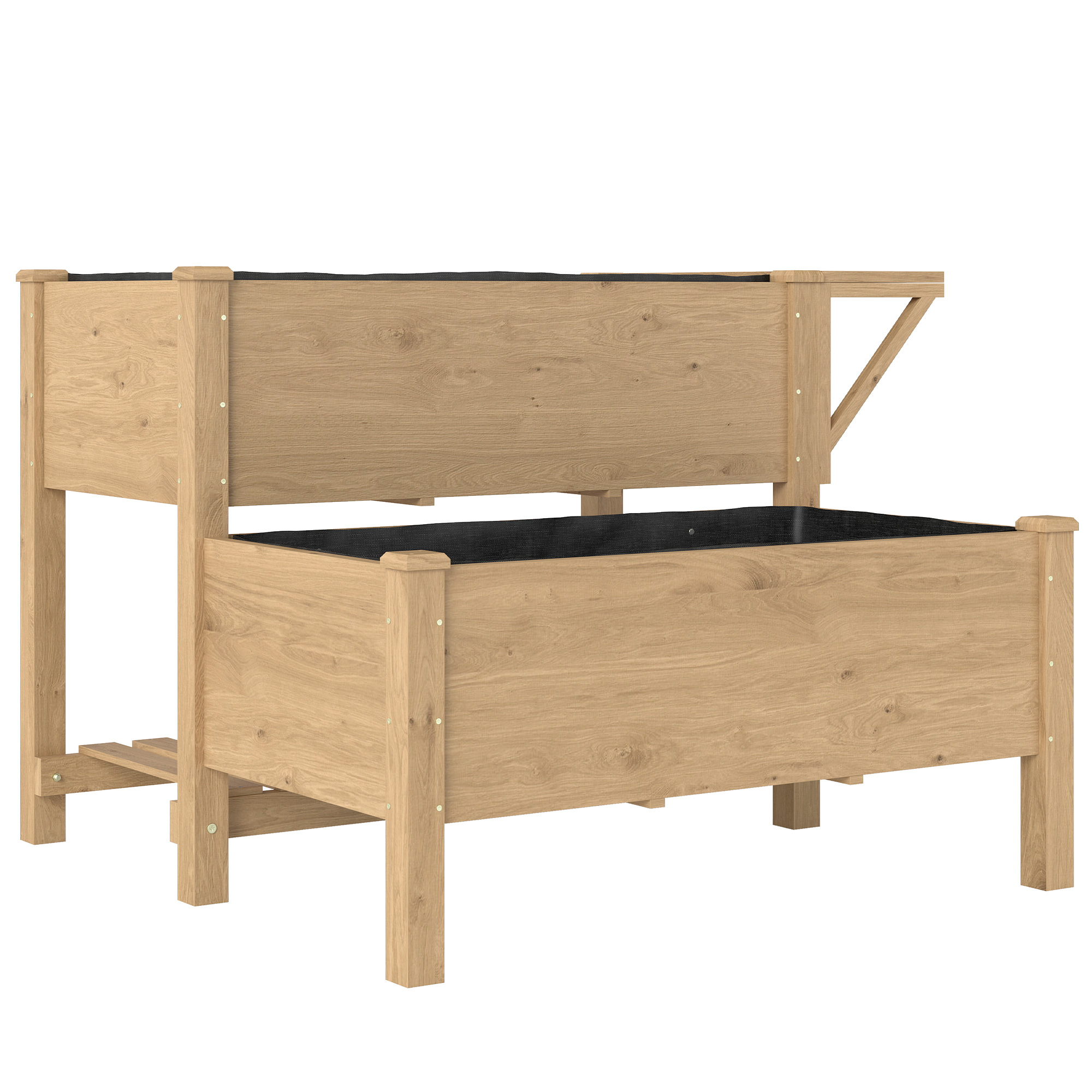 Kõrgendatud aiapeenar, kahetasandiline lillekastiga fliisvoodri ja drenaažiavaga, puit, 119,5 x 102 x 76,5 cm, helepruun