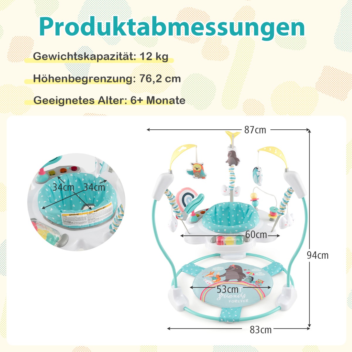Beebi sky jumperoo reguleeritava kõrguse mänguasjade ja mängutoosiga käimistugi sinine