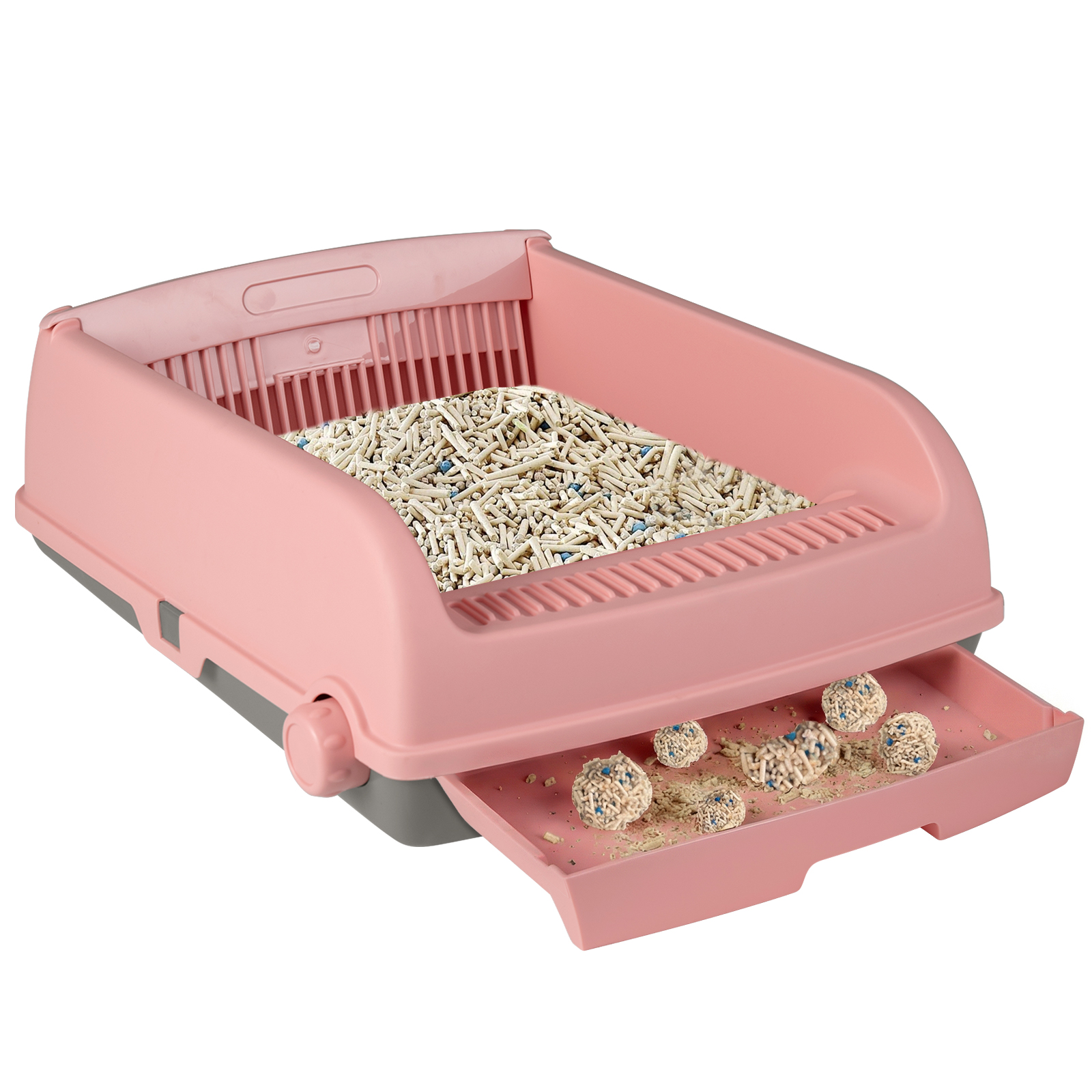 Poolautomaatne kassiliivakast avatud kaanega, pritsmekindel kassi tualett, roosa