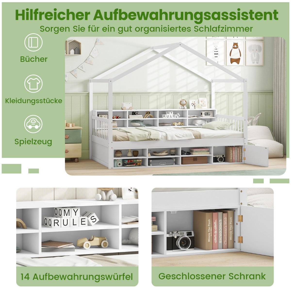 Hausvoodi 200 x 90 cm lastevoodi majakujuline koos kukkumiskaitse ja 14-lipilise voodipõhjaga valge