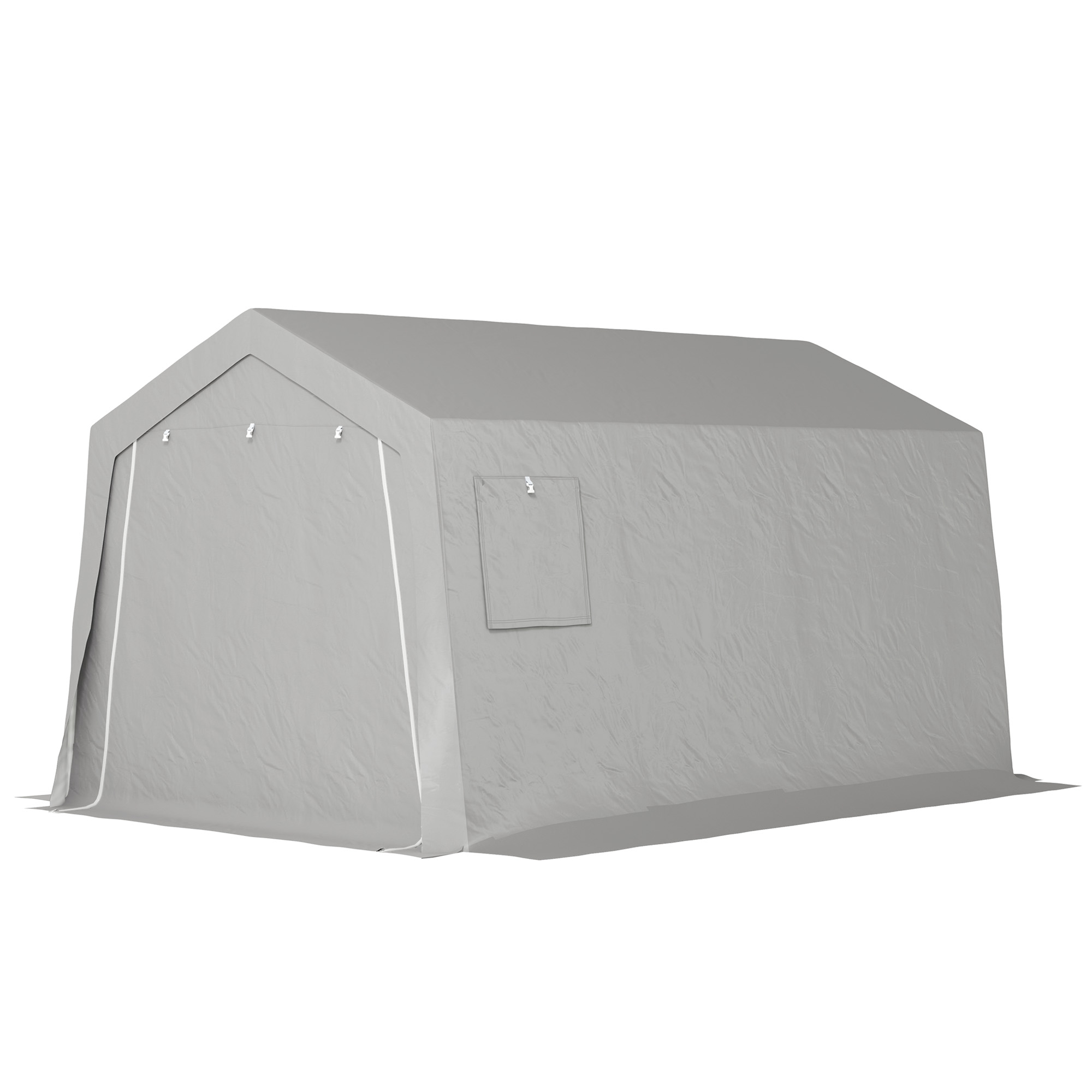 Seadmemaja viilkatusega veekindel seadmetelk uste, akna, tolmuvastase jalgrattakattega, kileseadmemaja jalgrattagaraaž terrassile aeda, 300 x 447 x 255 cm, helehall