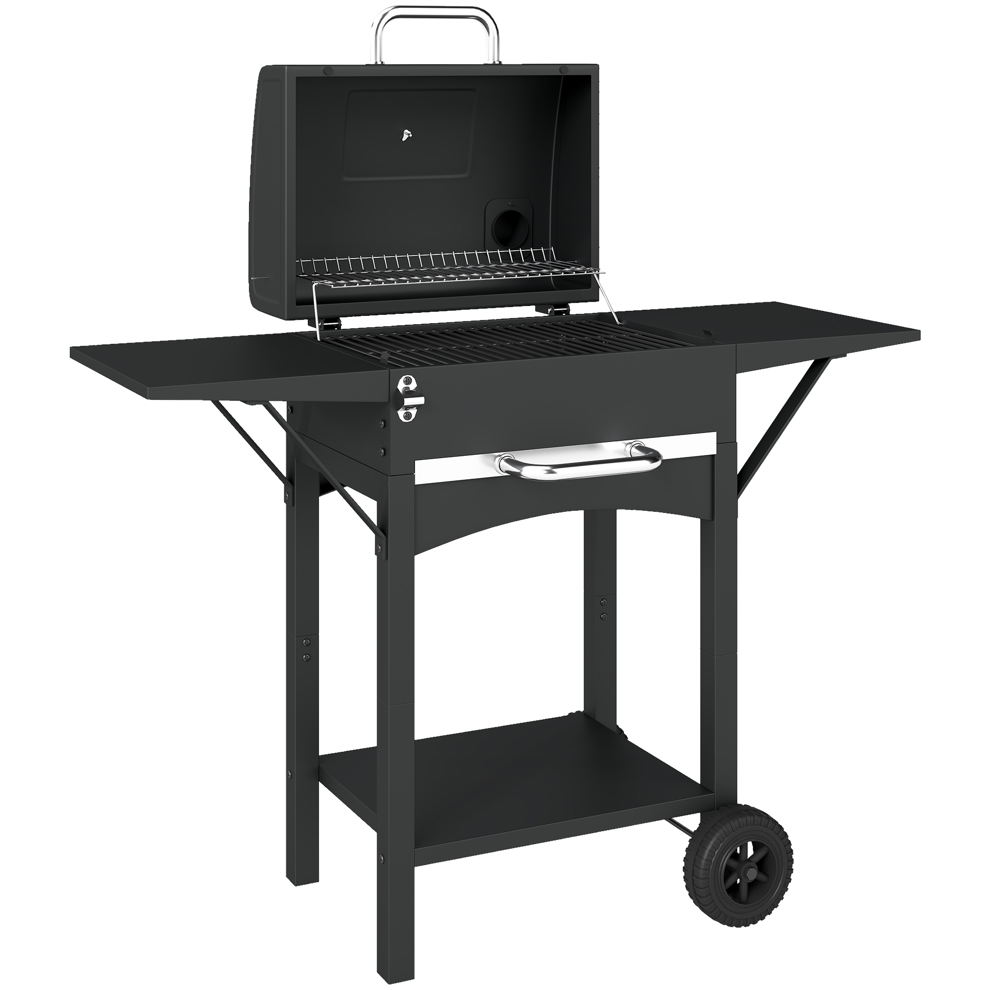 Süsigrill kaanega, BBQ suitsugrill kahe külglauaga, suur grillimispind, grillrest, termomeeter, rattad