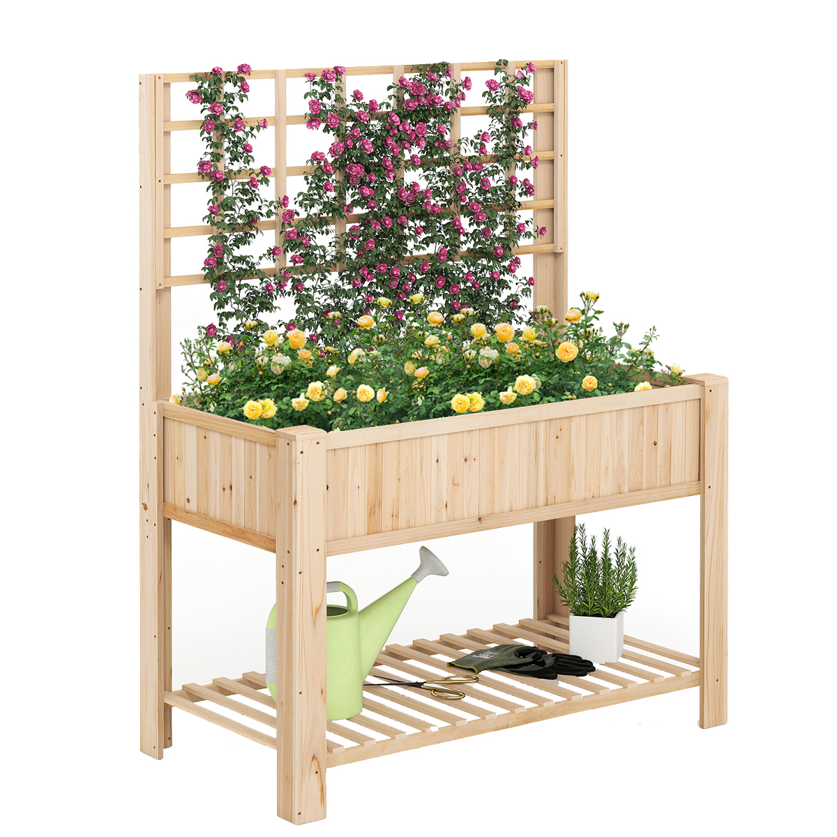 Kõrgpeenar trellise ja riiuliga lillepeenar äravooluavadega aiaplaat istutuskast puidust lillekast 116 x 59 x 150 cm naturaalne