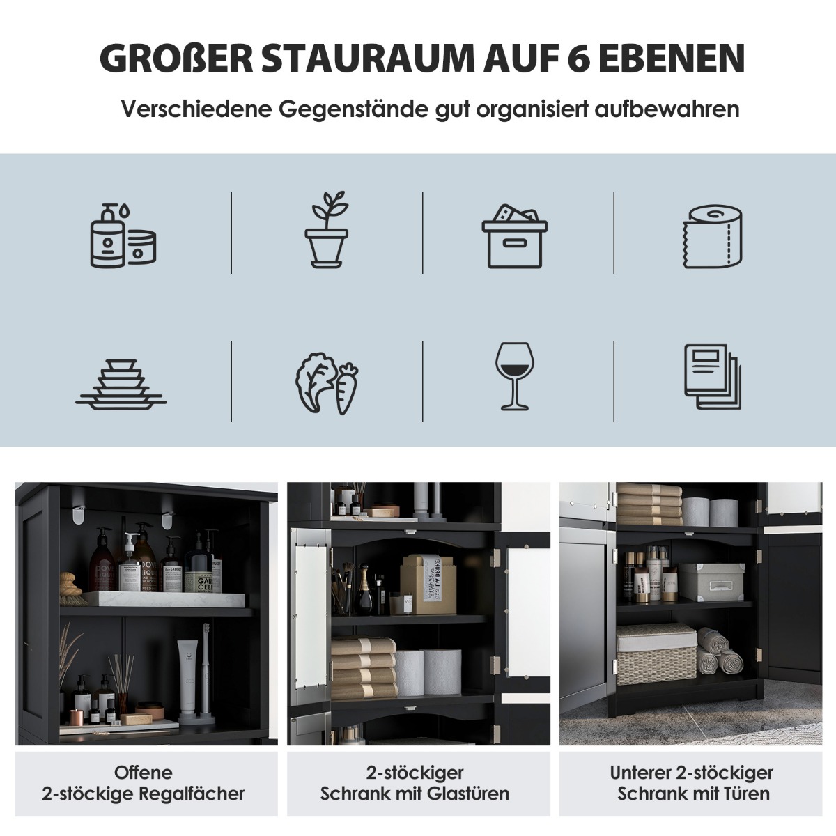 Vannitoakapp klaasustega 2 avatud sektsiooni ja reguleeritavate riiulitega must