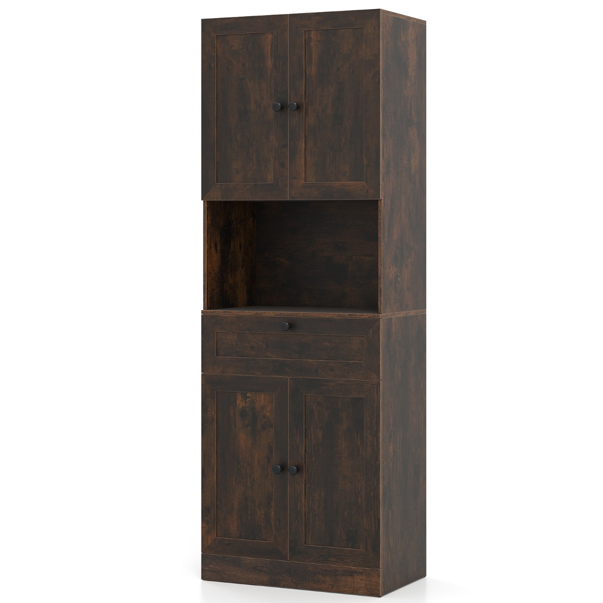 Kõrge kapp 4 ukse, 1 sahtli, avatud sektsiooni ja 3-astmelise reguleeritava riiuliga, tumepruun