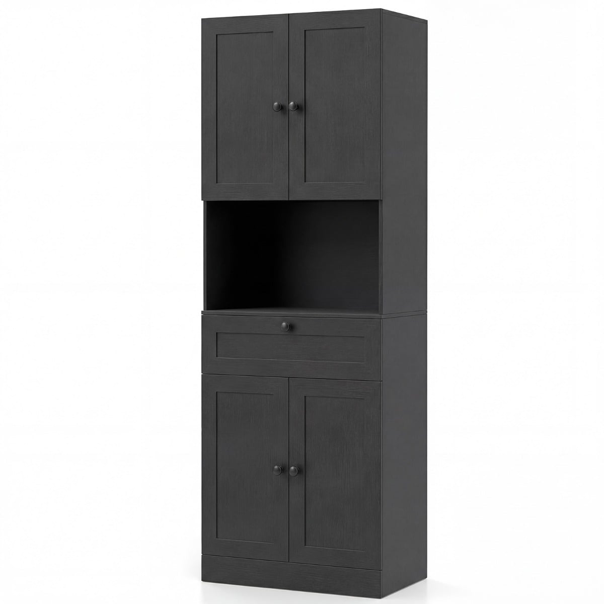 Kõrge kapp 4 ukse, 1 sahtli, avatud sektsiooni ja 3-astmelise reguleeritava riiuliga, must