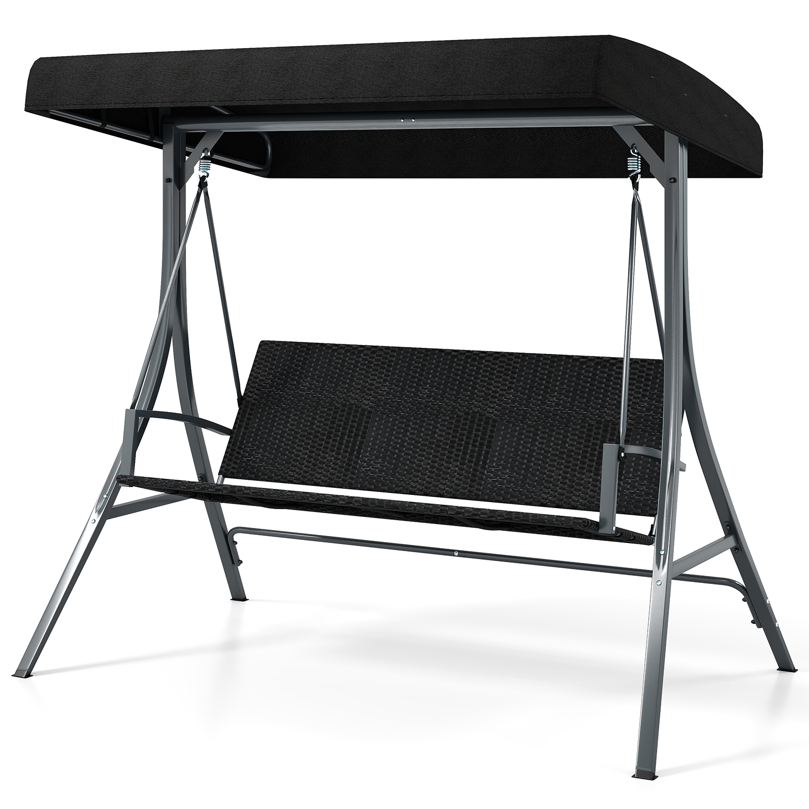 Kolmekohaline hollywoodi kiik aiakiik päikesevarju rotangist seljatoe ja metallraamiga õuekiigepink kuni 450 kg kandevõimega