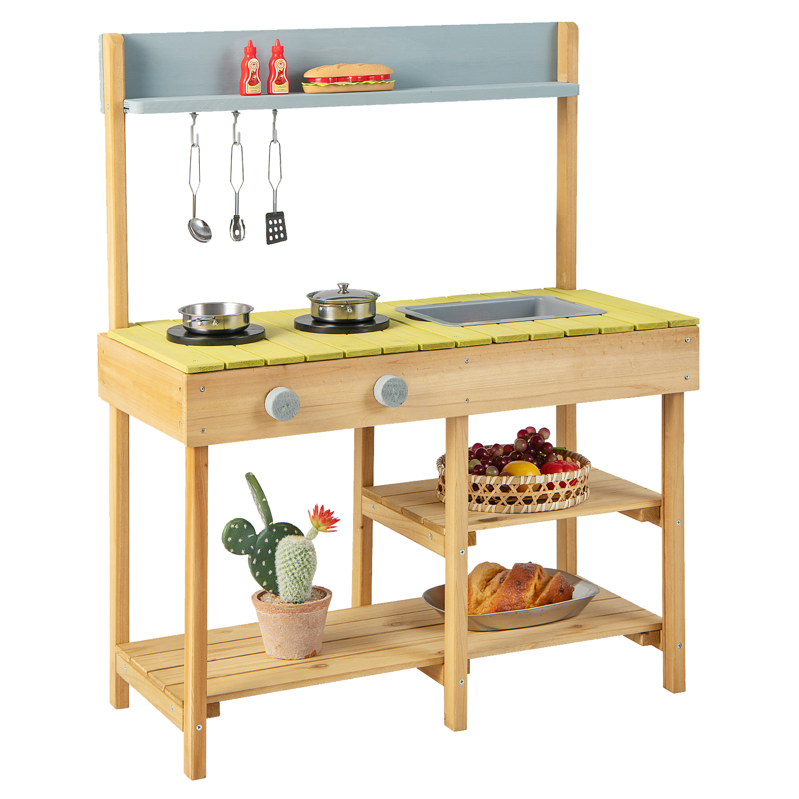 Välisköök puidust stabiilne laste mänguköök 3 konksu 2 pliidi eemaldatava veeanumaga naturaalne