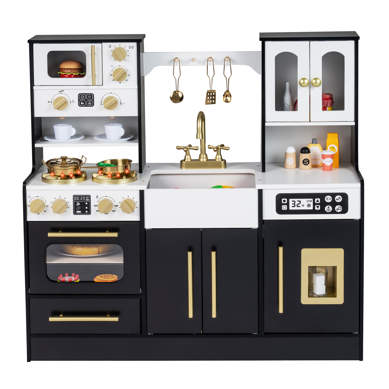 Puidust lasteköök pliidi ja valamuga, puidust köök valguse ja heliga, mänguköök koos aksessuaaridega, must