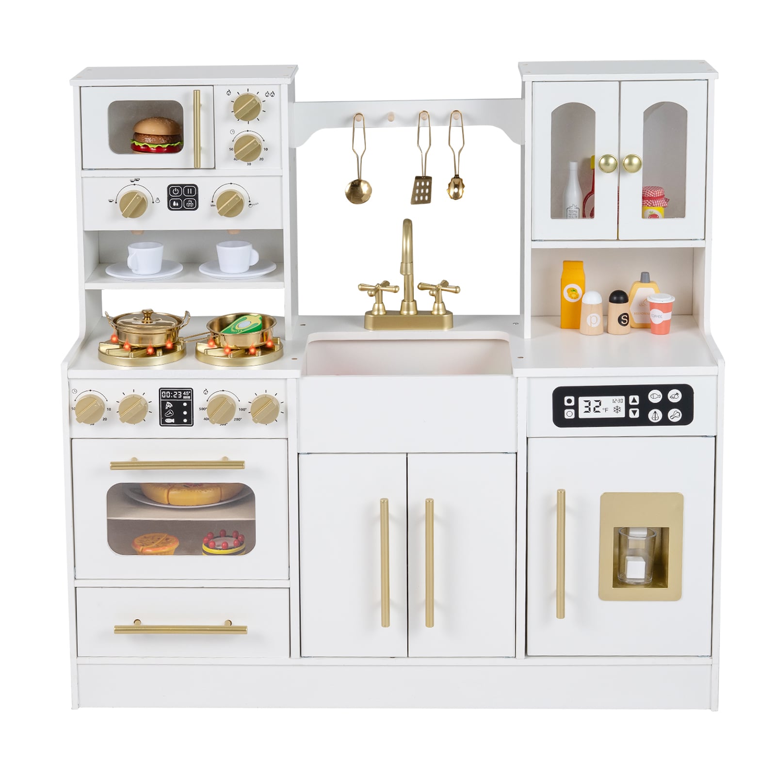 Puidust lasteköök pliidi ja valamuga, puidust köök valguse ja heliga, mänguköök koos aksessuaaridega, valge