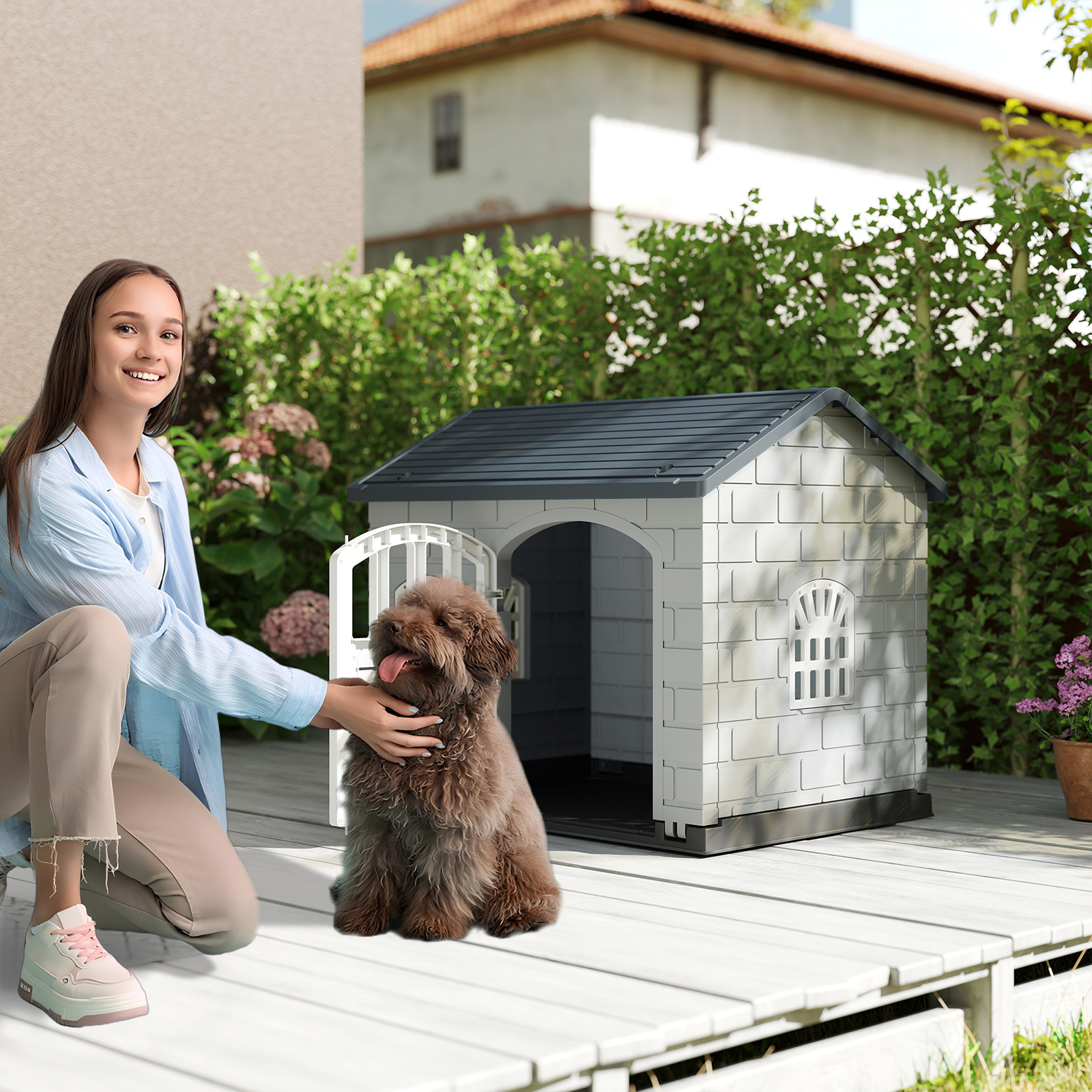 Plastikust ilmastuskindel koeramaja lukustatava uks hall