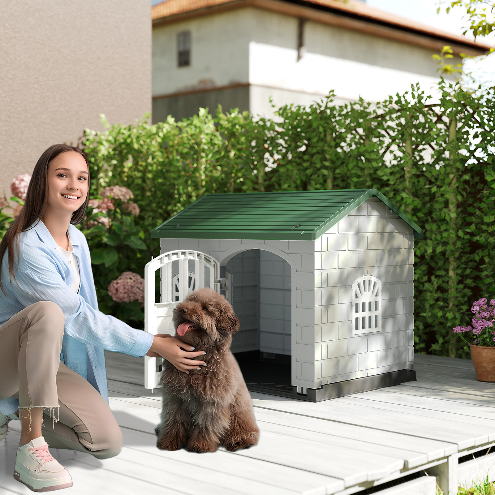 Plastikust ilmastikukindel koerakuut lukustatava uks roheline