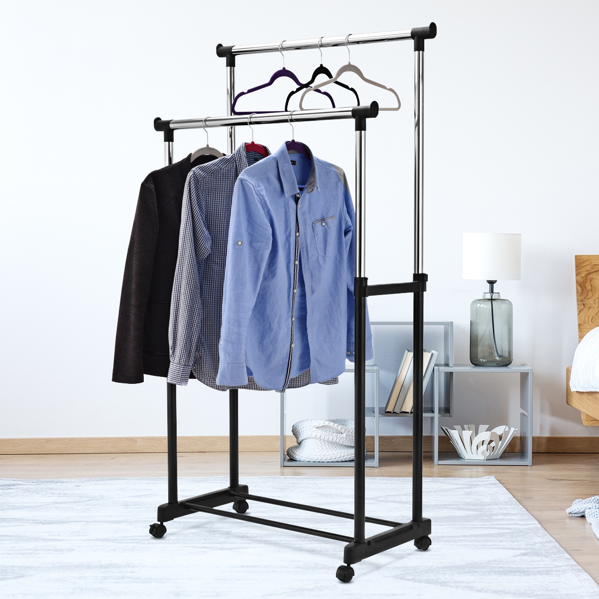 Riideriiul, reguleeritava kõrgusega nagi, ratastega rullitav riidekapp, must, 86 x 43 x 94-168 cm