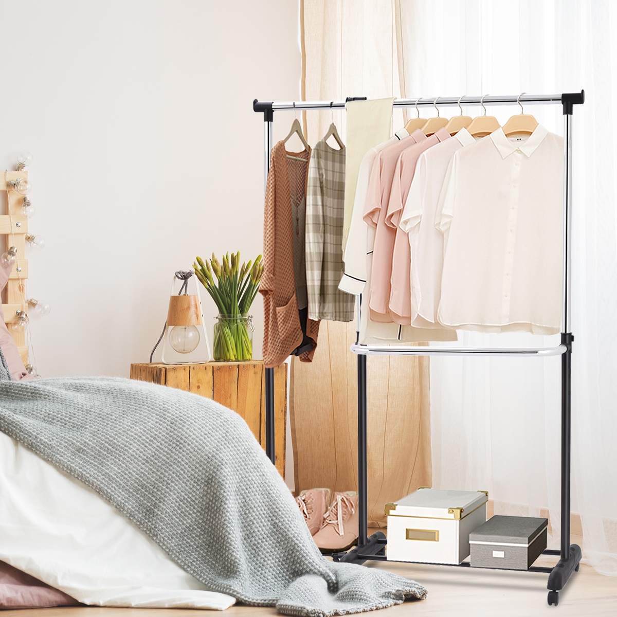 Riideriiul pikendatav riidekapp käru reguleeritava kõrgusega riidepuu 2 riiuliga must