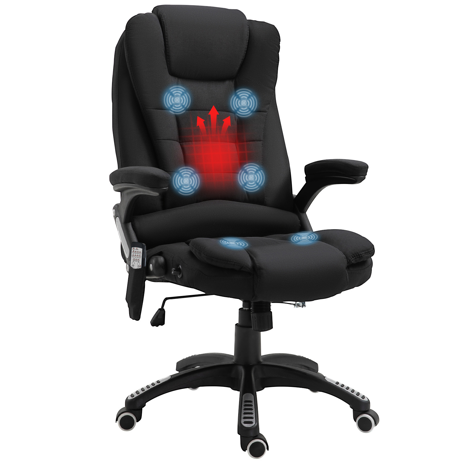 Vibratsioonimassaažiga kontoritool, ergonoomiline lauatool soojenduse ja lamamisfunktsioonidega, kõrgusega reguleeritav juhitool puldiga, küljetasku, linase välimusega, must