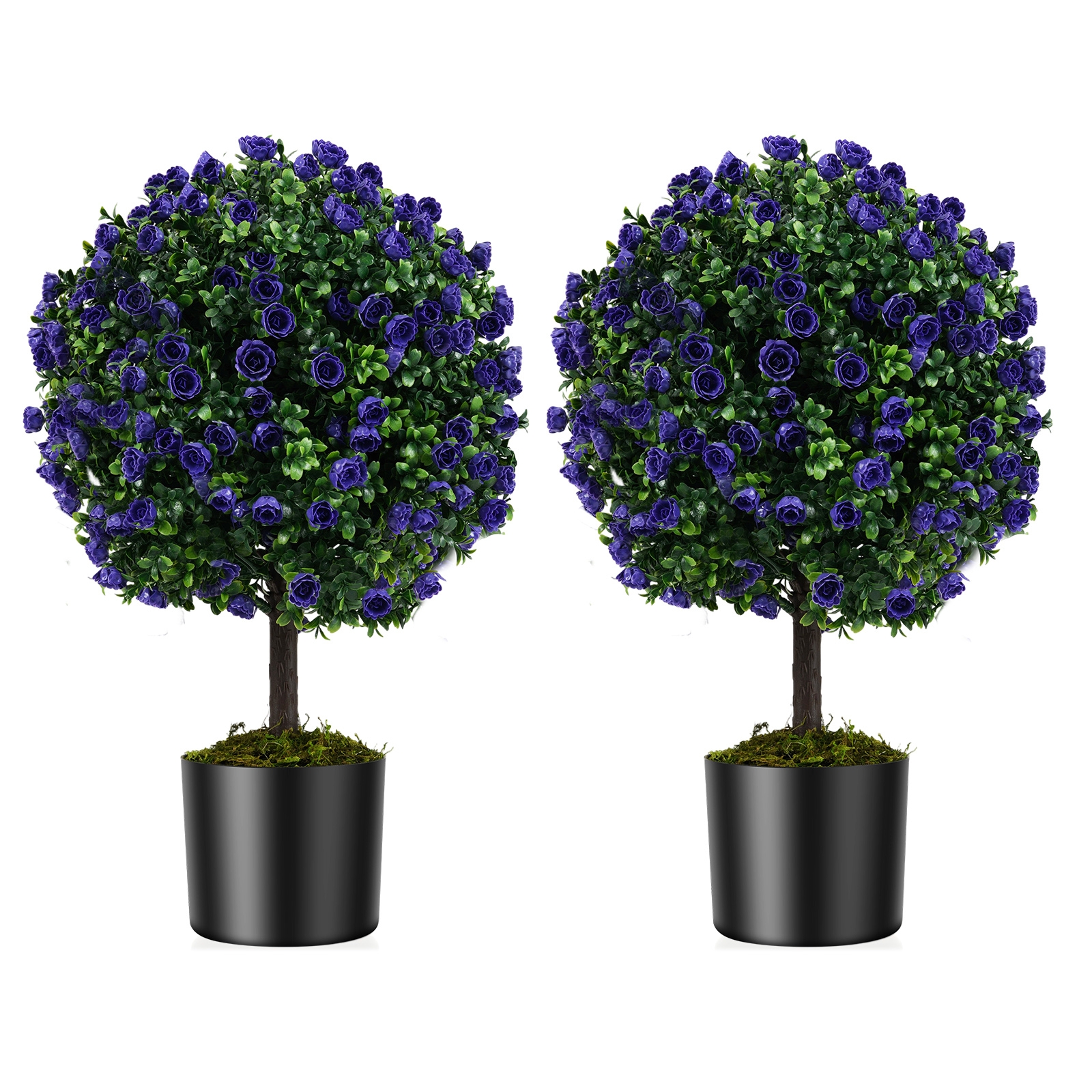 Tsemendist potis lillad kunst-roosipallid ja pügatud puksrohu imitatsiooniga tehistaimed (2 tk komplekt, kõrgus 55 cm)