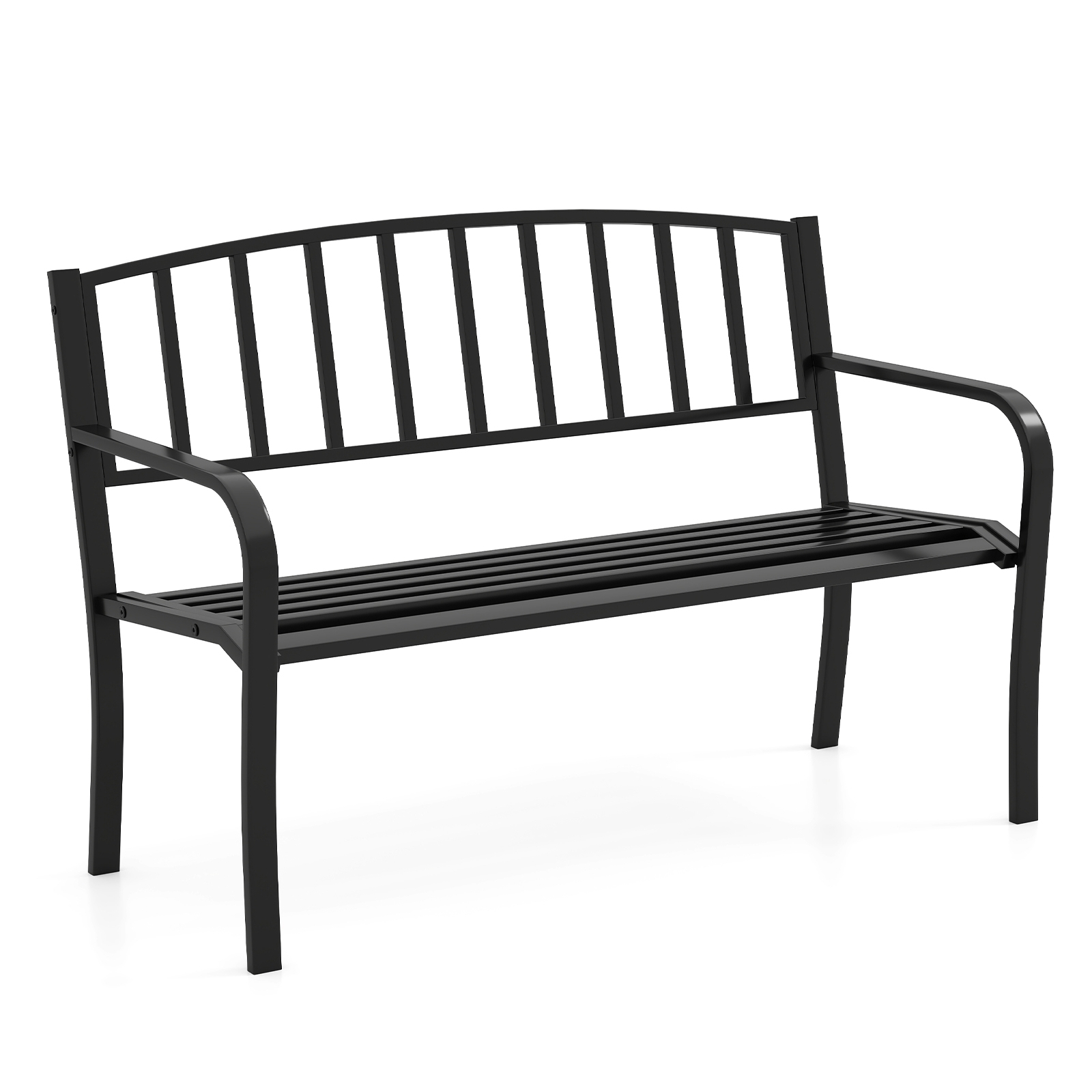 Kumerate käetugede ja liistudest seljatoega klassikaline metallist aiapink (pikkus 127 cm) must
