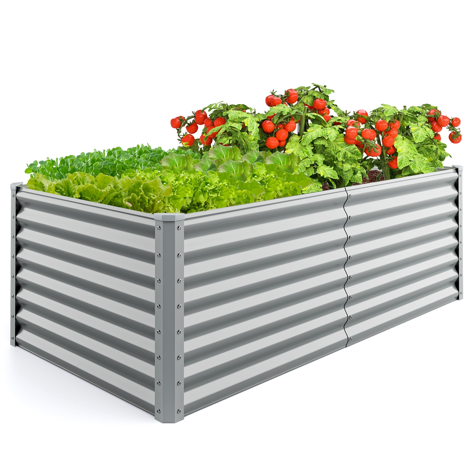 Avatud põhjaga ristkülikukujuline metallist kõrgpeenar ja tugev aiakast taimedele (mõõdud u 180x90x60 cm) hall