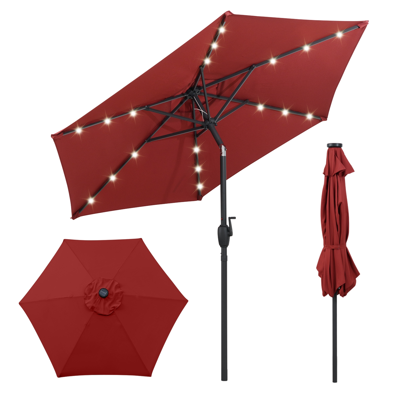 Päikesepatareiga LED-valgustuse ja vändaga aiapäikesevari ning terrassivari (diameeter u 230 cm) kirsipunane