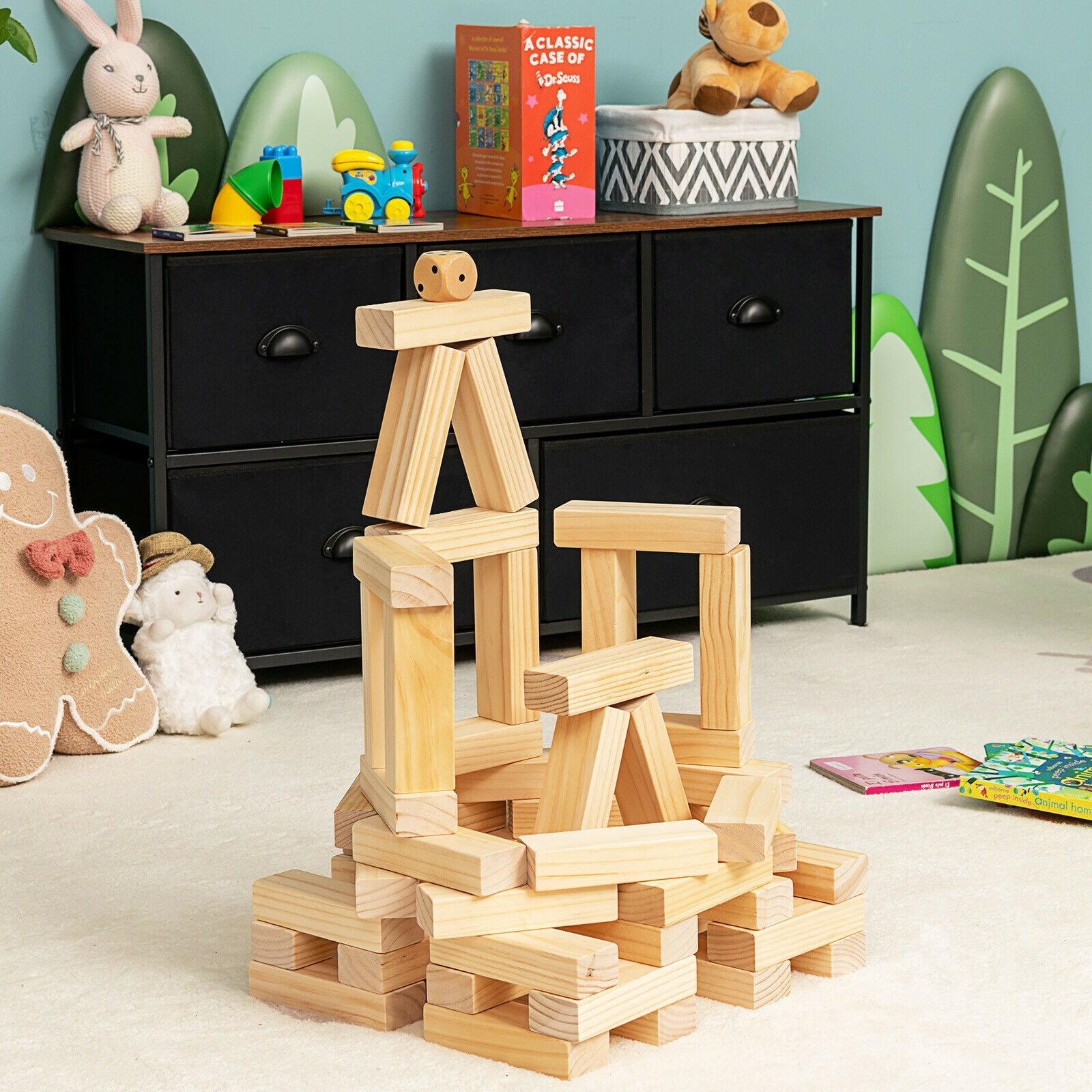 Kandekotiga puidust kingitorn (Jenga-stiilis) ja klotsimäng (54 osa) (5 x 3,3 x 15,2 cm), naturaalne